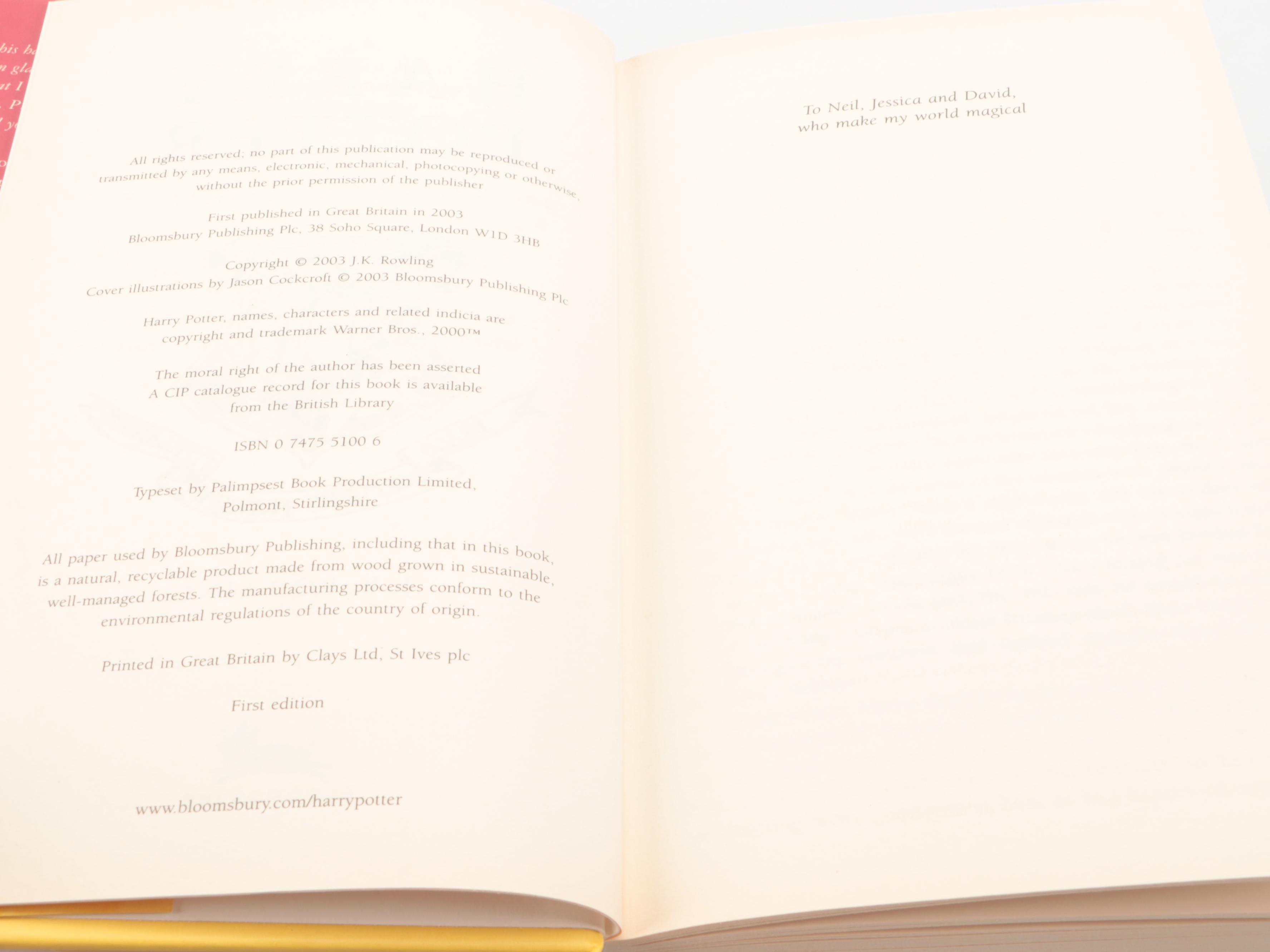 First UK Edition "Harry Potter and the Order of the Phoenix" by J. K. Rowling