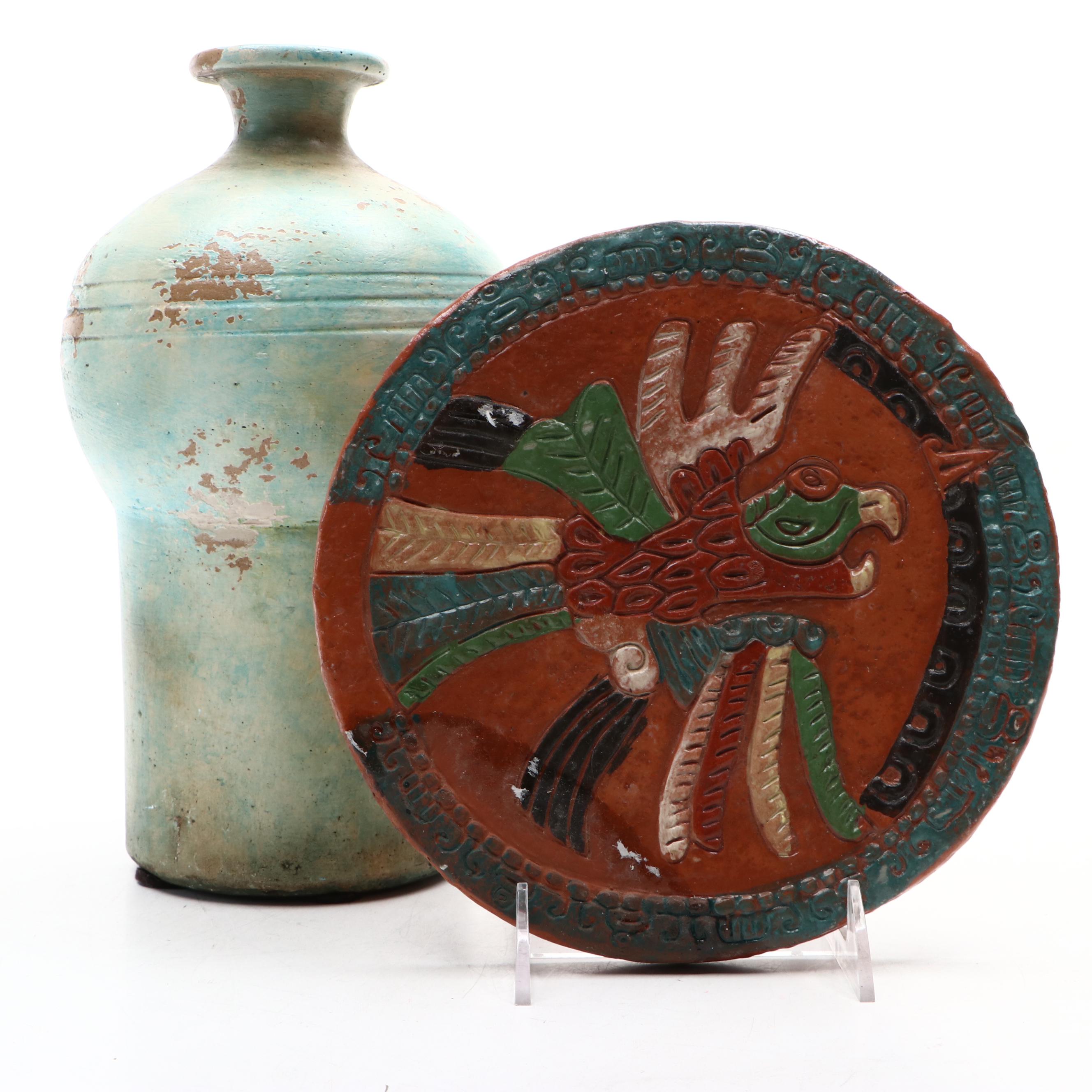 Art Pottery Ceramic Vase and Mexican Ceramic Thunderbird Trivet