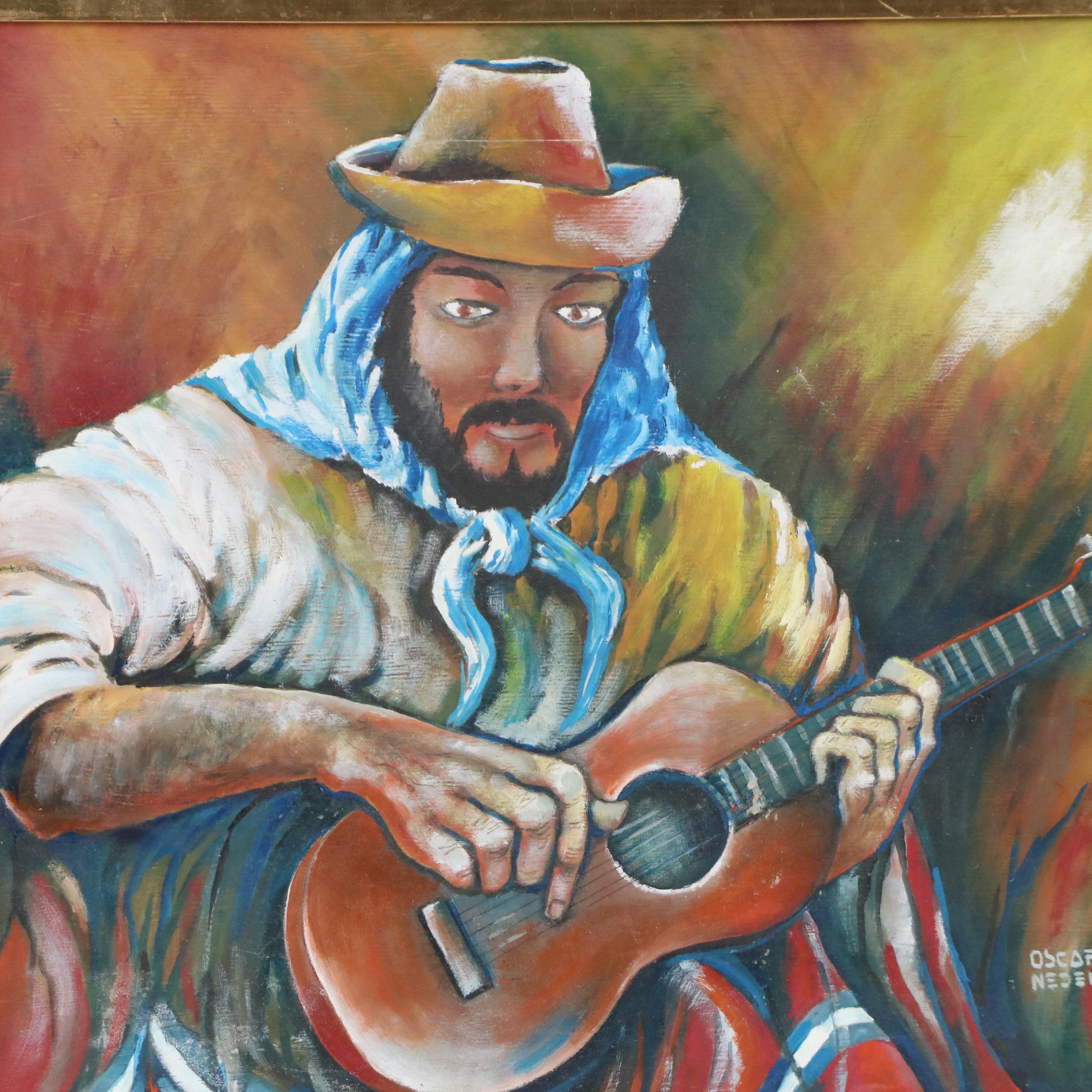 Oscar Nedel Oil Painting of Guitarist, Late 20th Century
