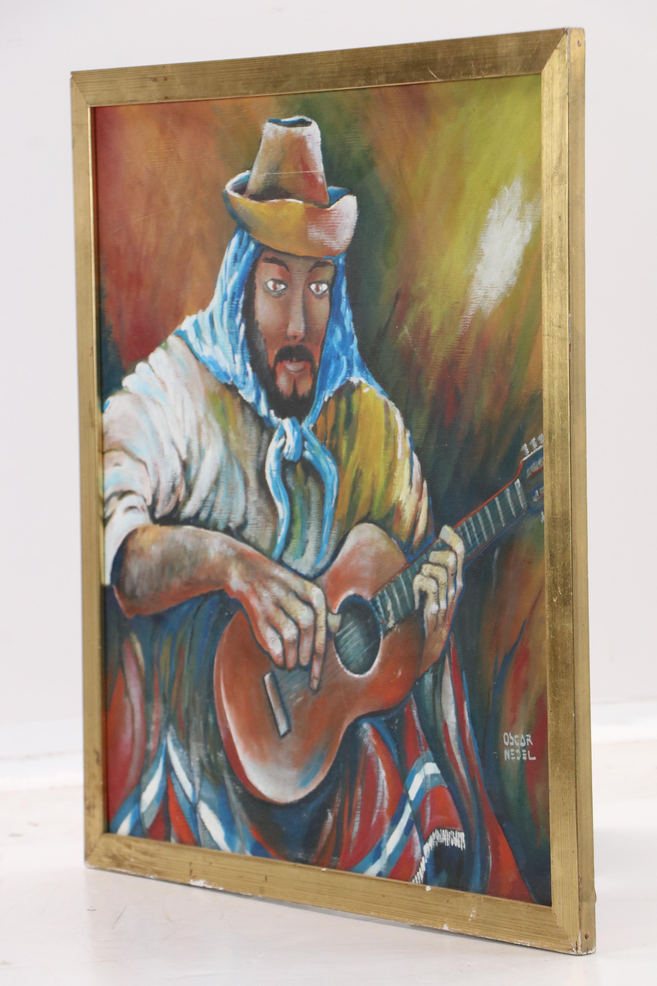 Oscar Nedel Oil Painting of Guitarist, Late 20th Century