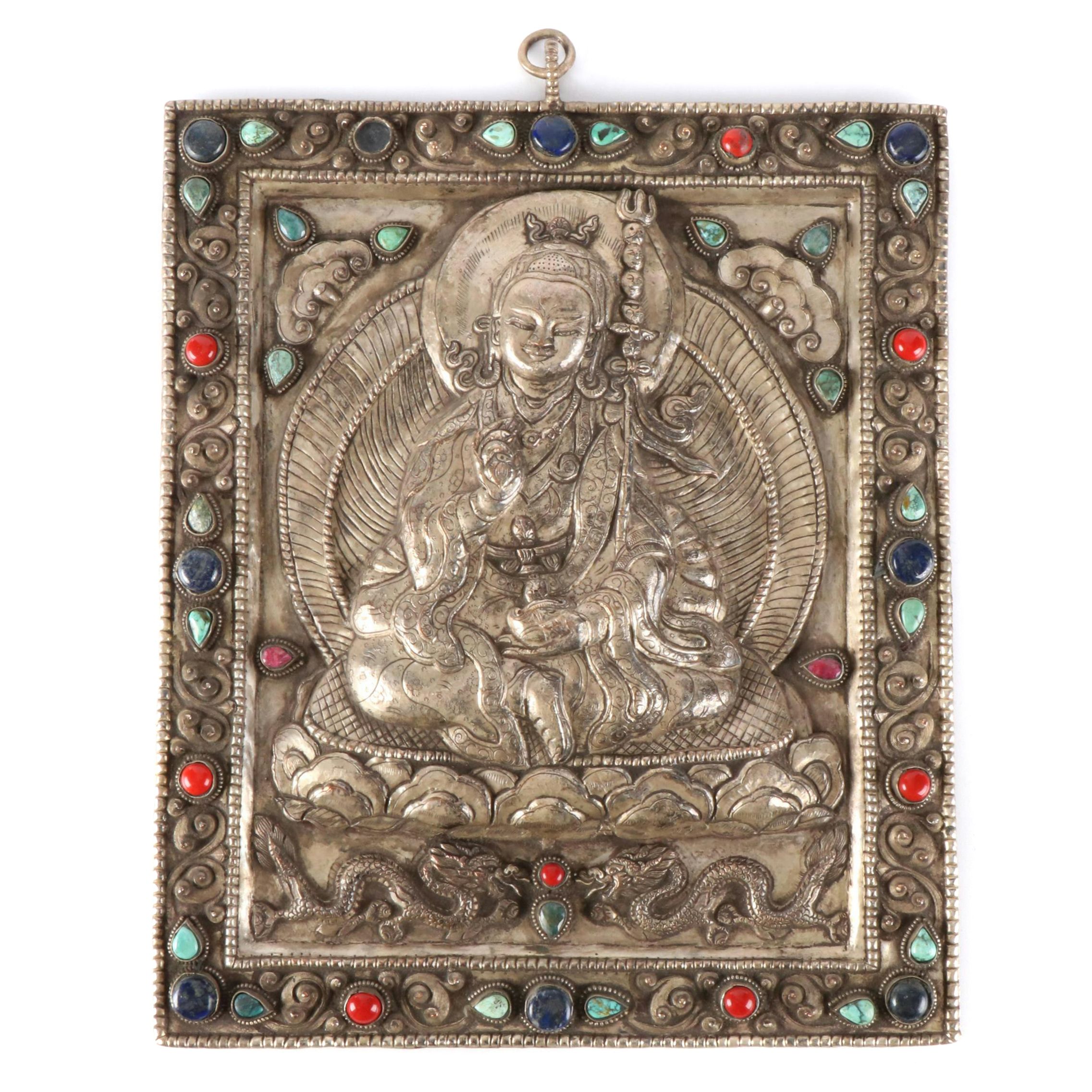 Tibetan Buddhist Silver Plate Ghau Panel with Inlaid Lapis Lazuli and More