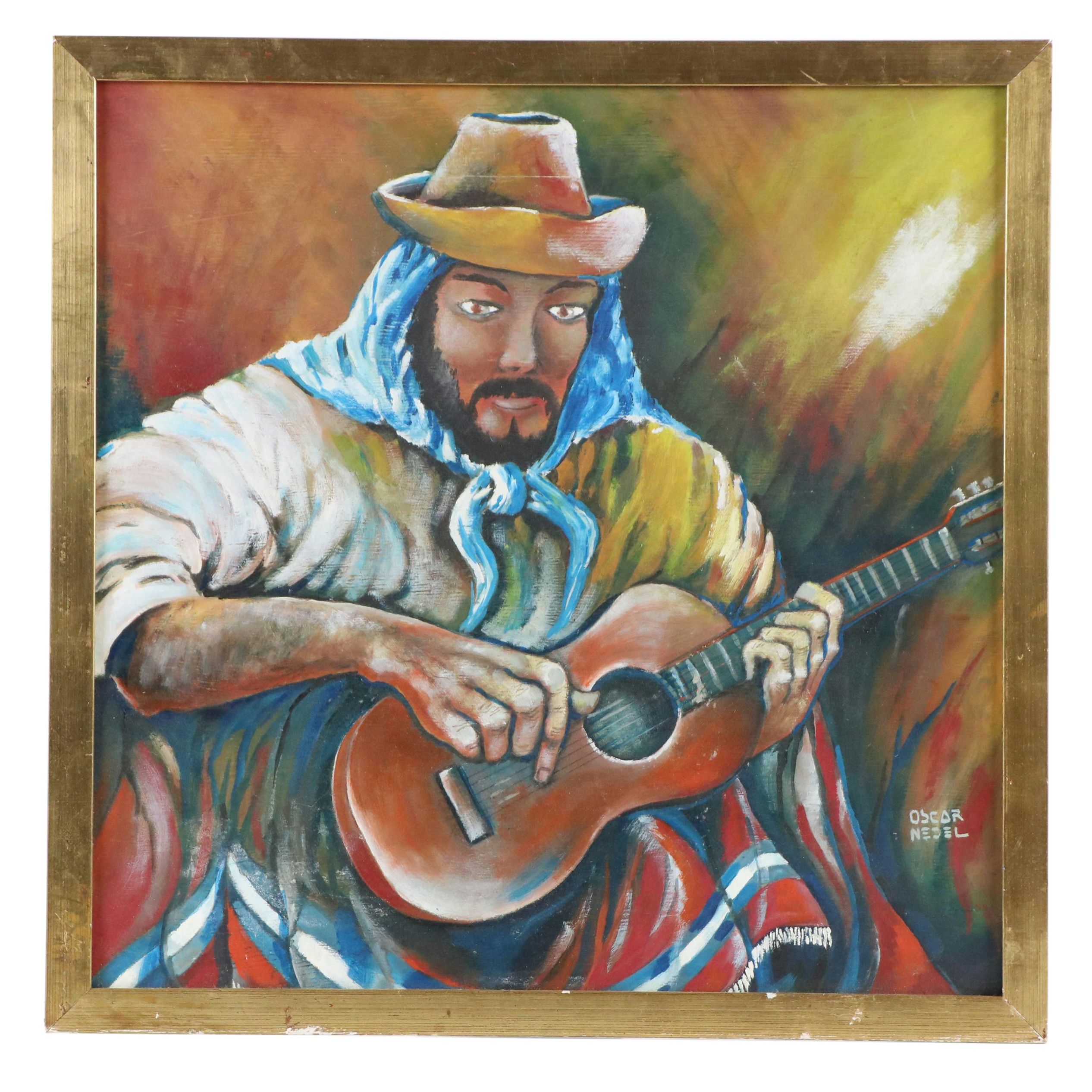 Oscar Nedel Oil Painting of Guitarist, Late 20th Century