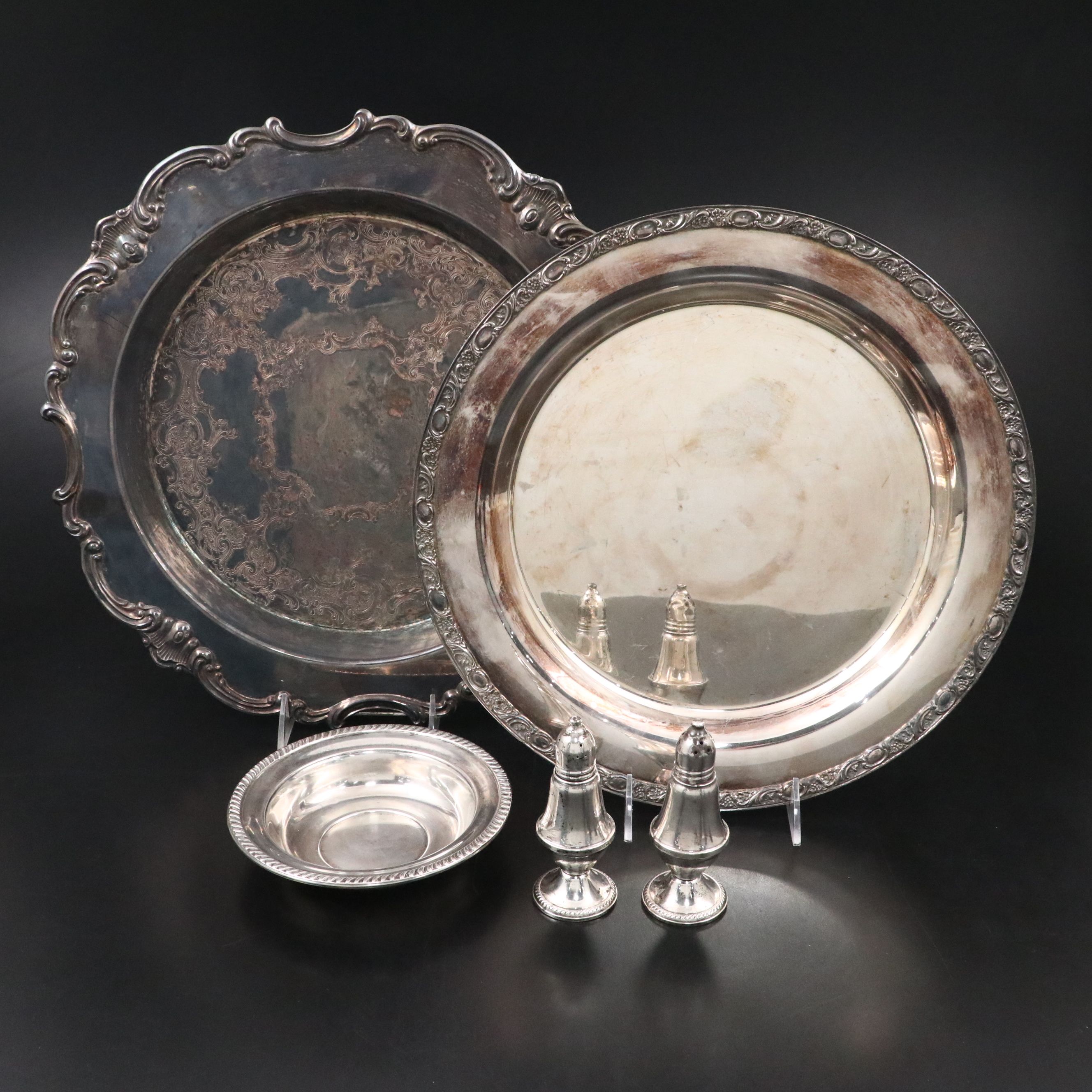 Hunt Sterling Bowl, Duchin Sterling Shakers, and Silver Plate Round Trays