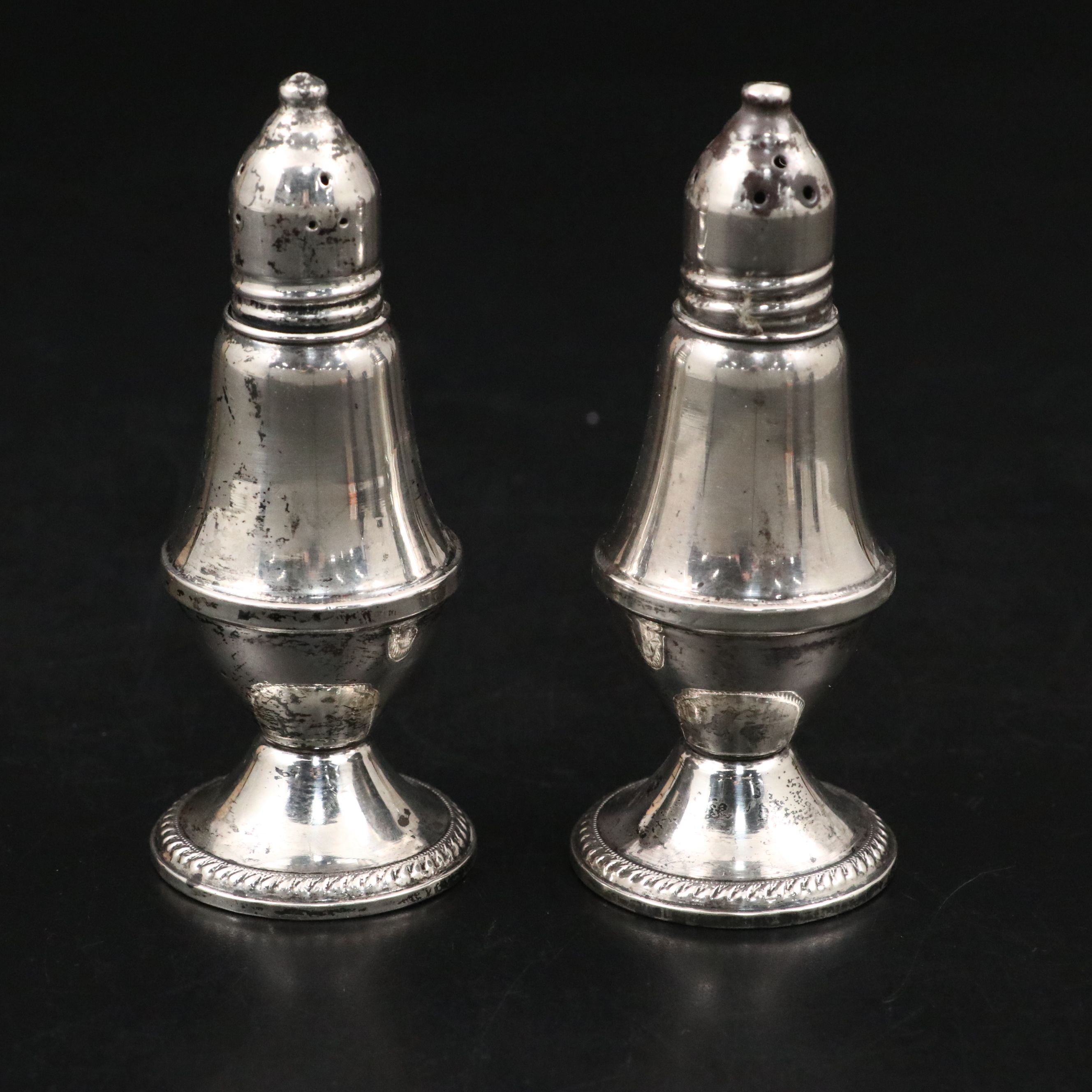 Hunt Sterling Bowl, Duchin Sterling Shakers, and Silver Plate Round Trays