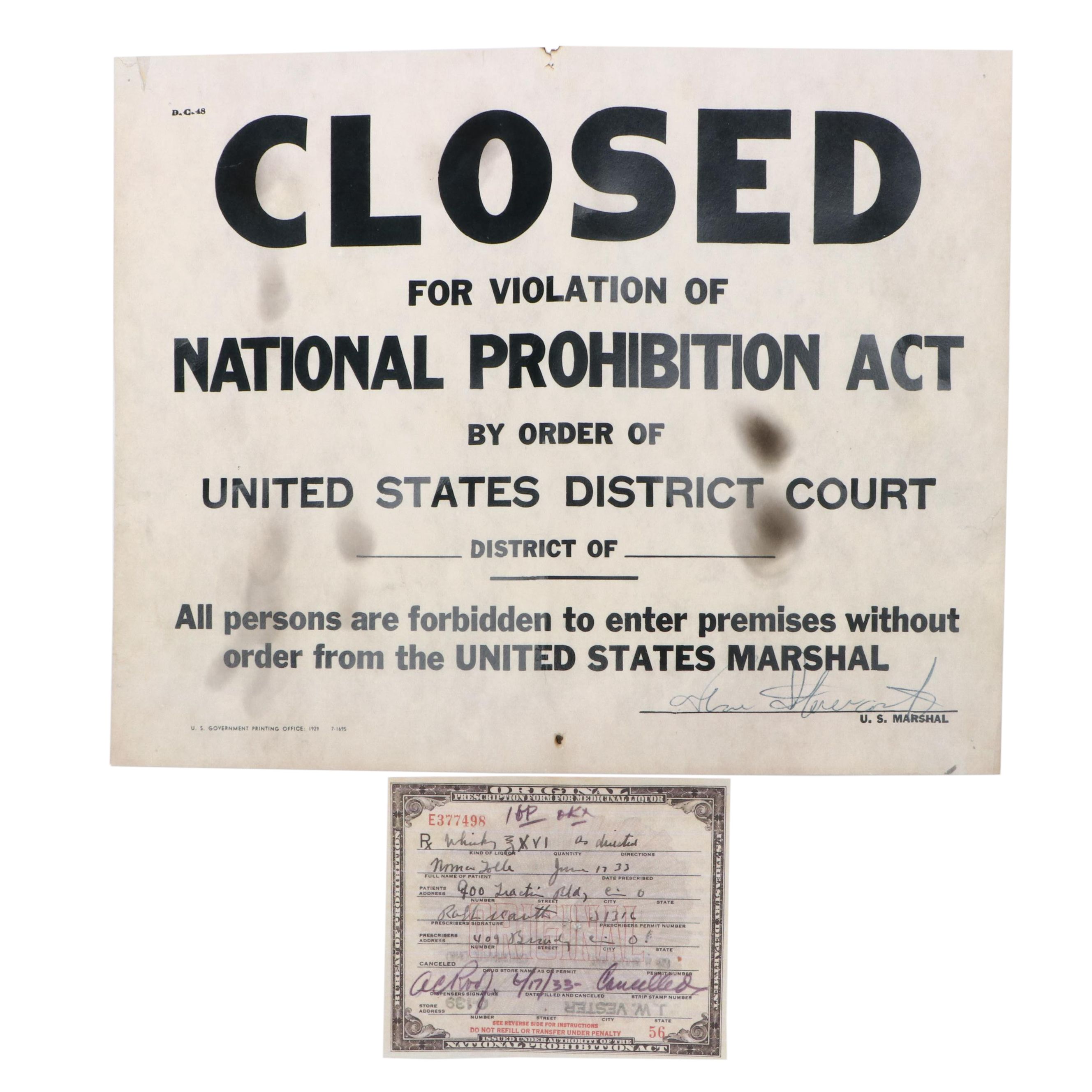Prohibition Style Whisky Prescription Form with Reproduction Sign