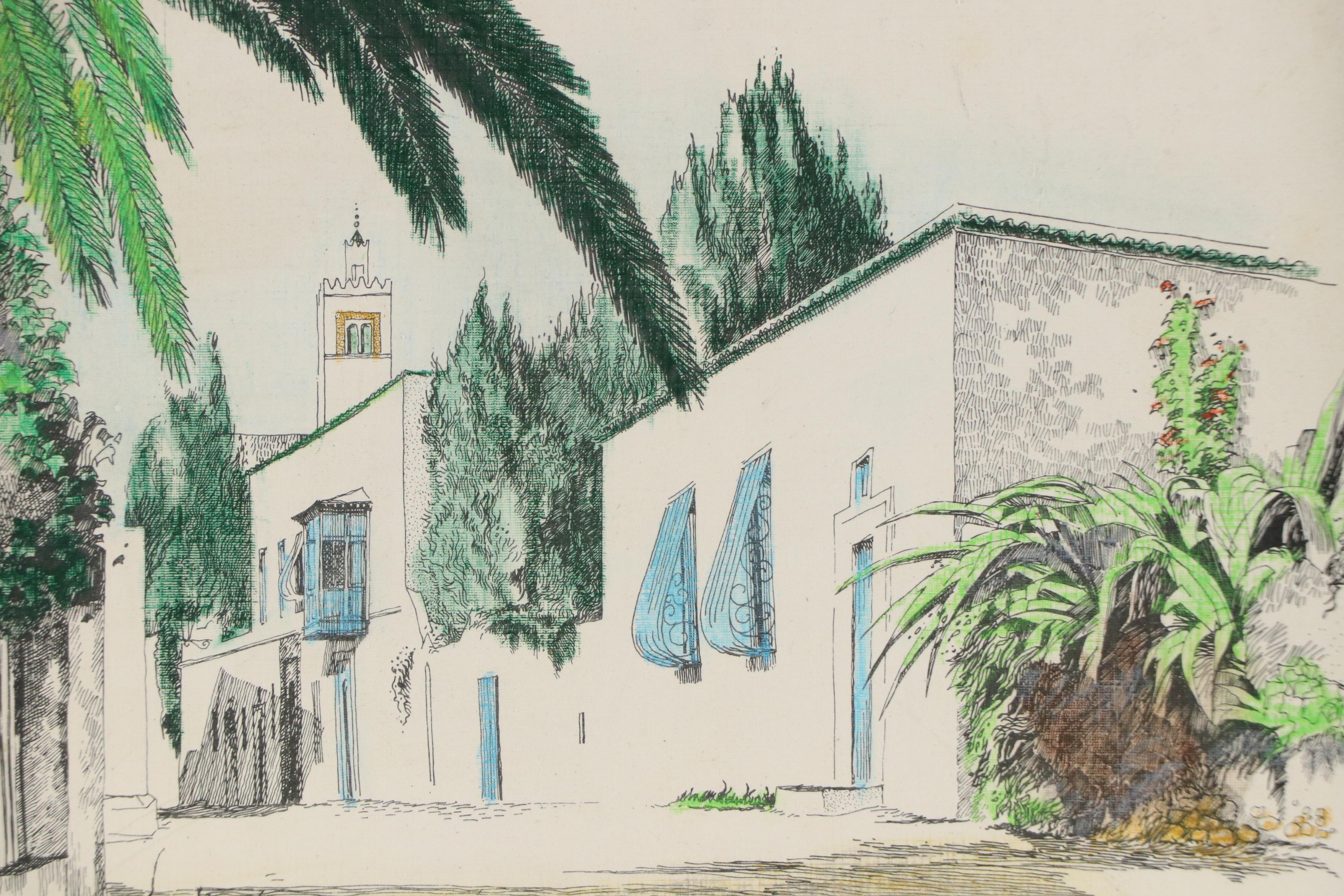 K. Wannenberg Hand-Colored Street Scene Lithograph, Late 20th Century