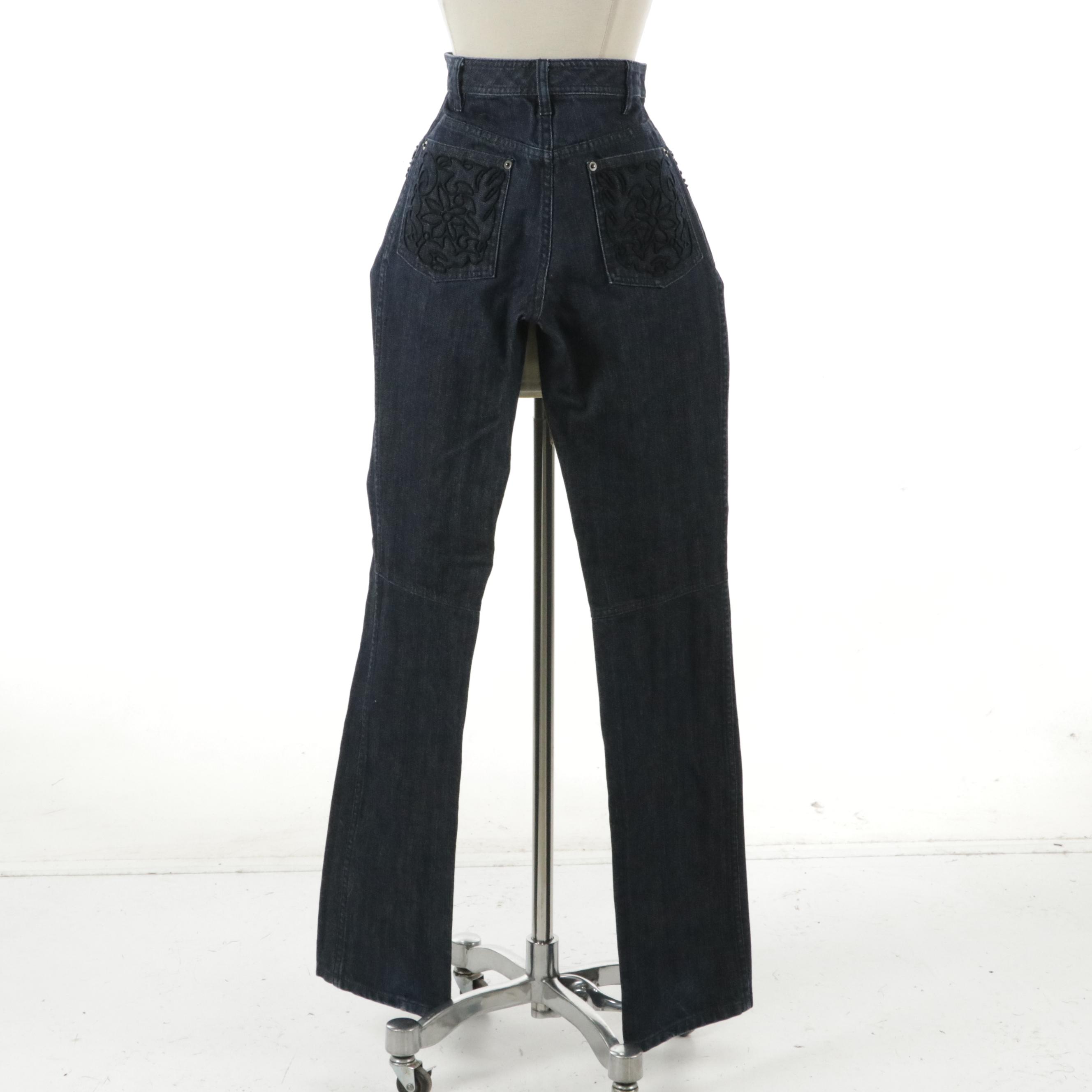 Valentino Dark Wash Straight Leg Denim Jeans with Embroidered Accents
