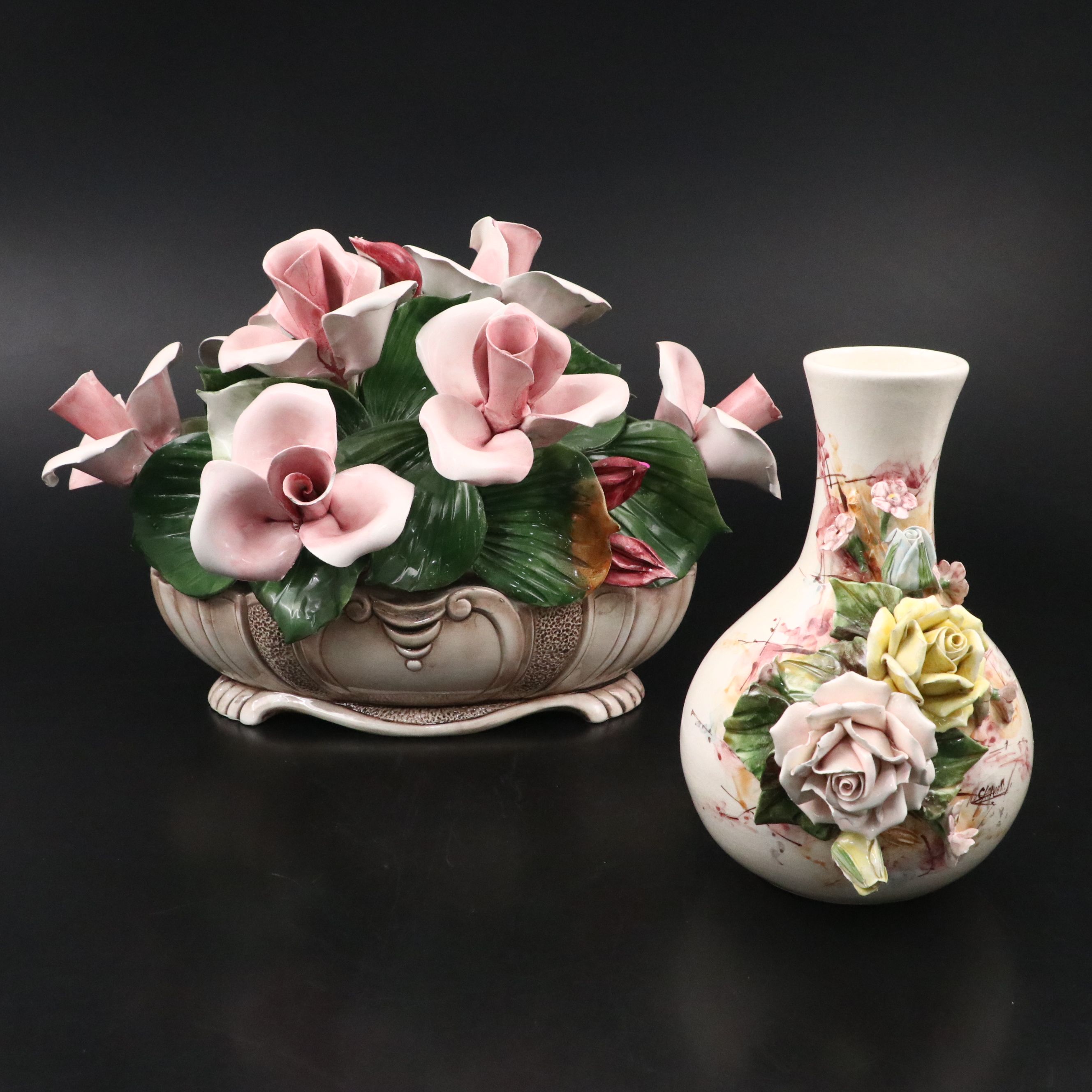 Capodimonte Ceramic Floral Figure with Floral Vase