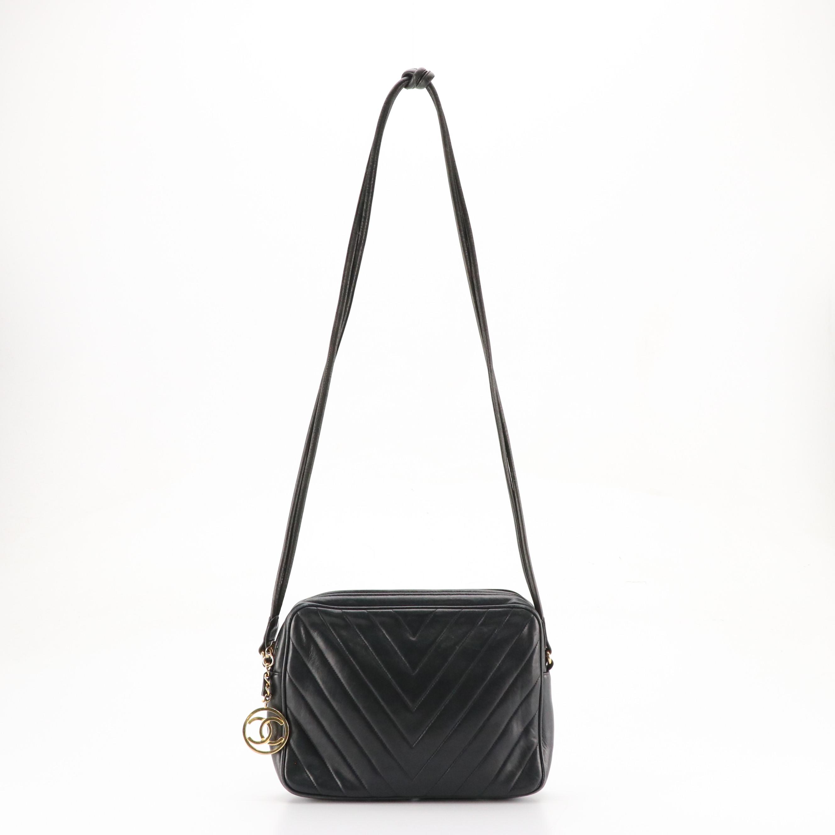 Chanel Zippered Shoulder Bag in Chevron Stitched Lambskin Leather