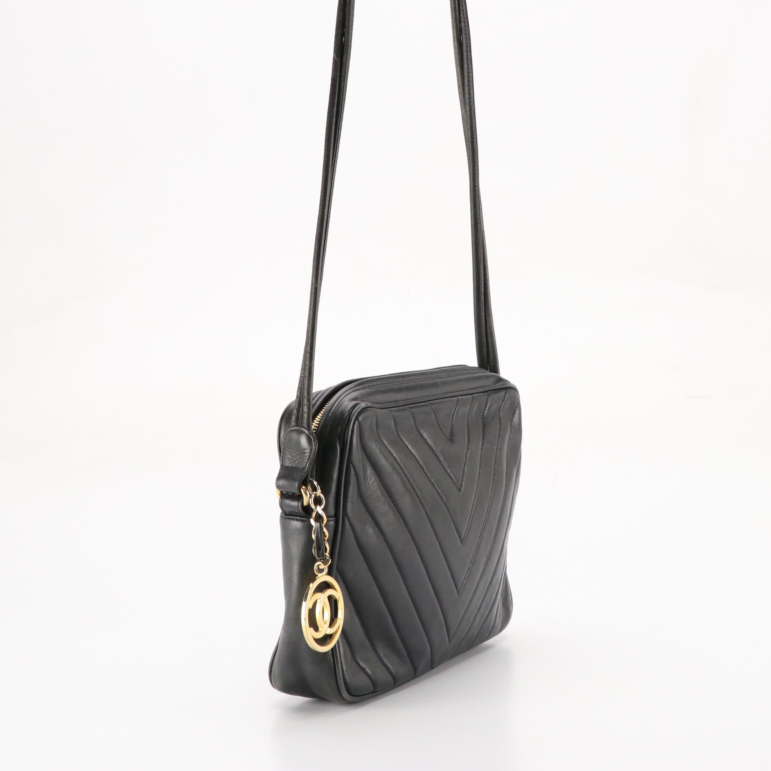 Chanel Zippered Shoulder Bag in Chevron Stitched Lambskin Leather