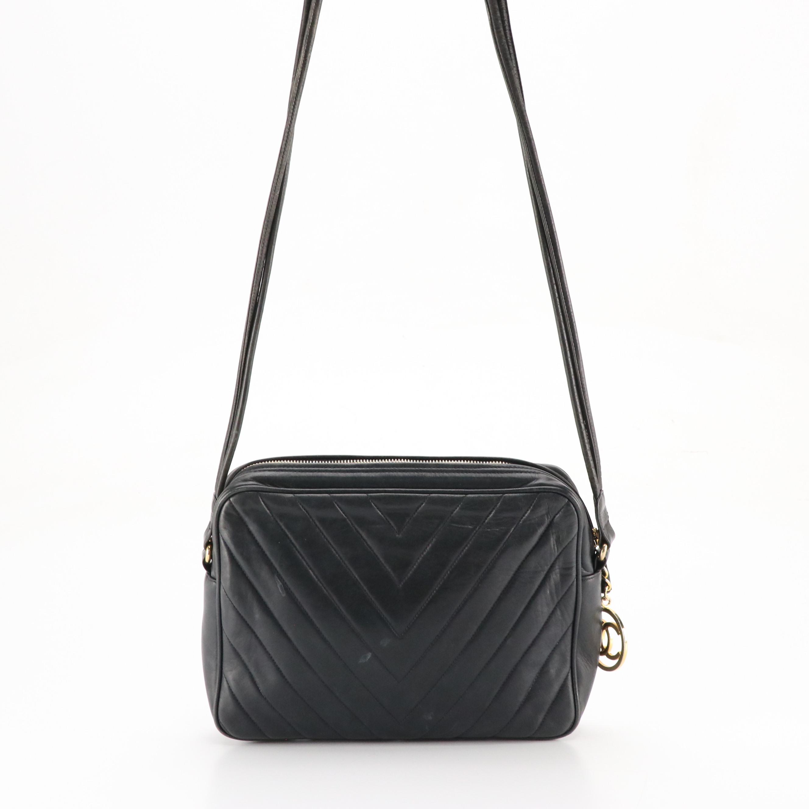 Chanel Zippered Shoulder Bag in Chevron Stitched Lambskin Leather