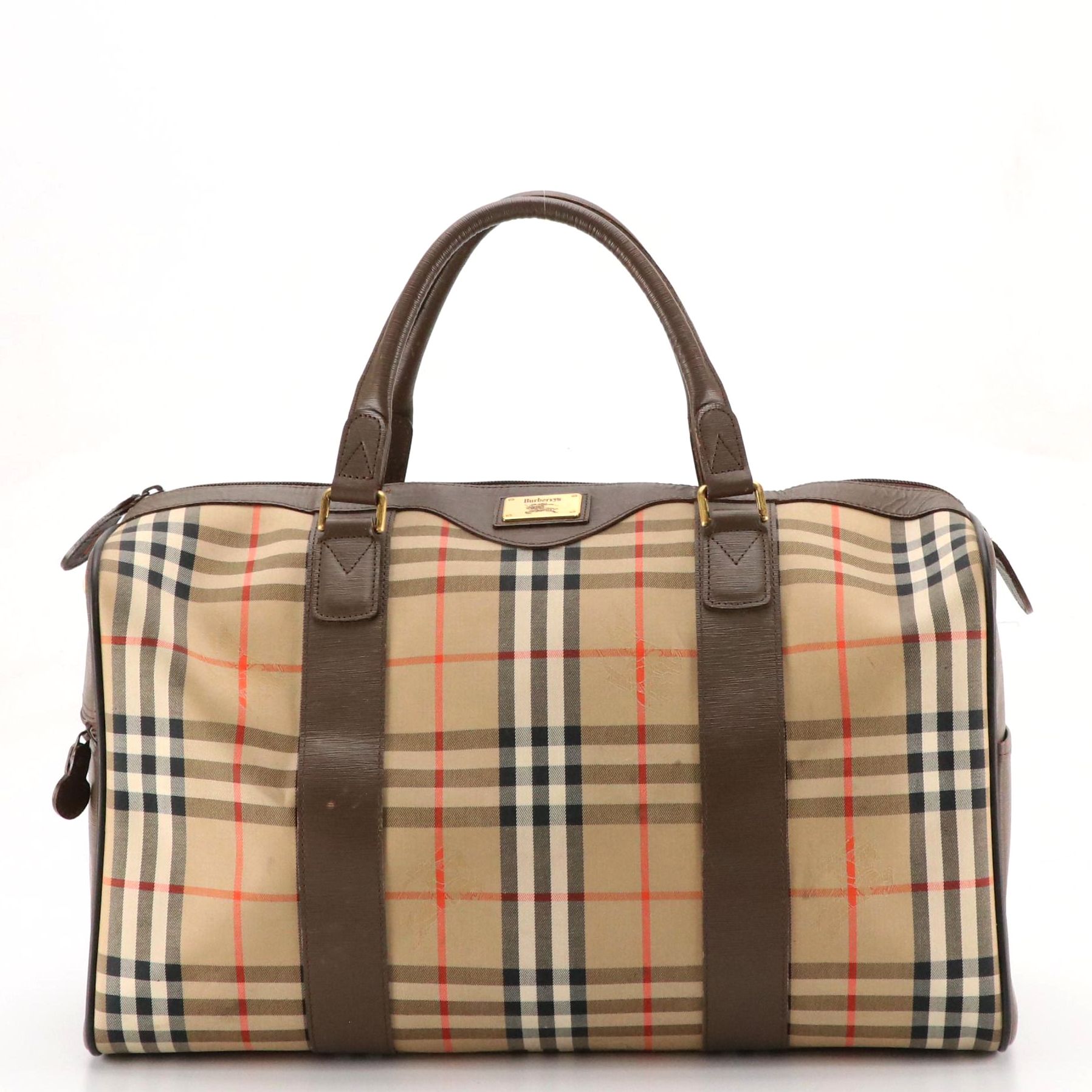 Burberrys Haymarket Check and Textured Leather Weekender Bag