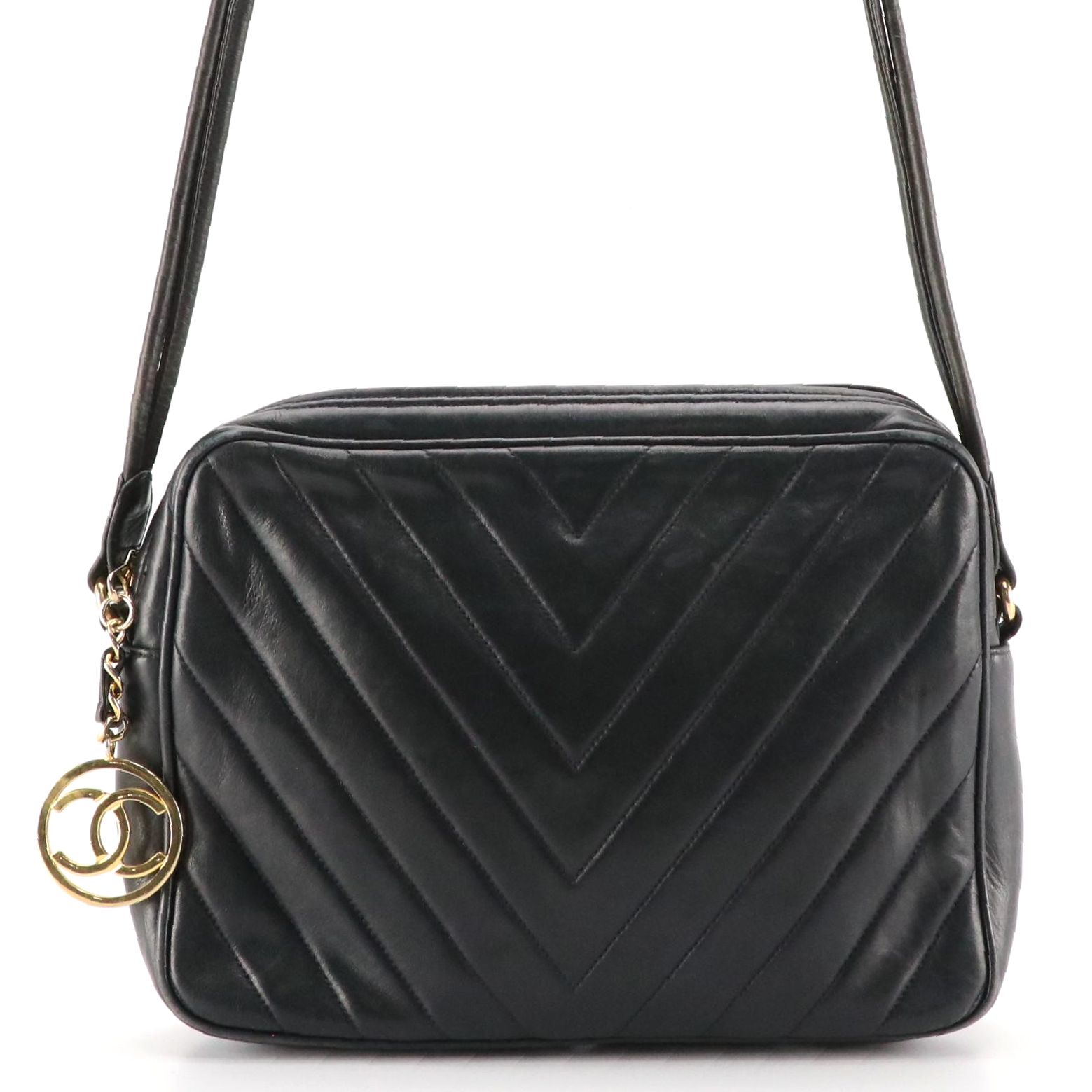 Chanel Zippered Shoulder Bag in Chevron Stitched Lambskin Leather