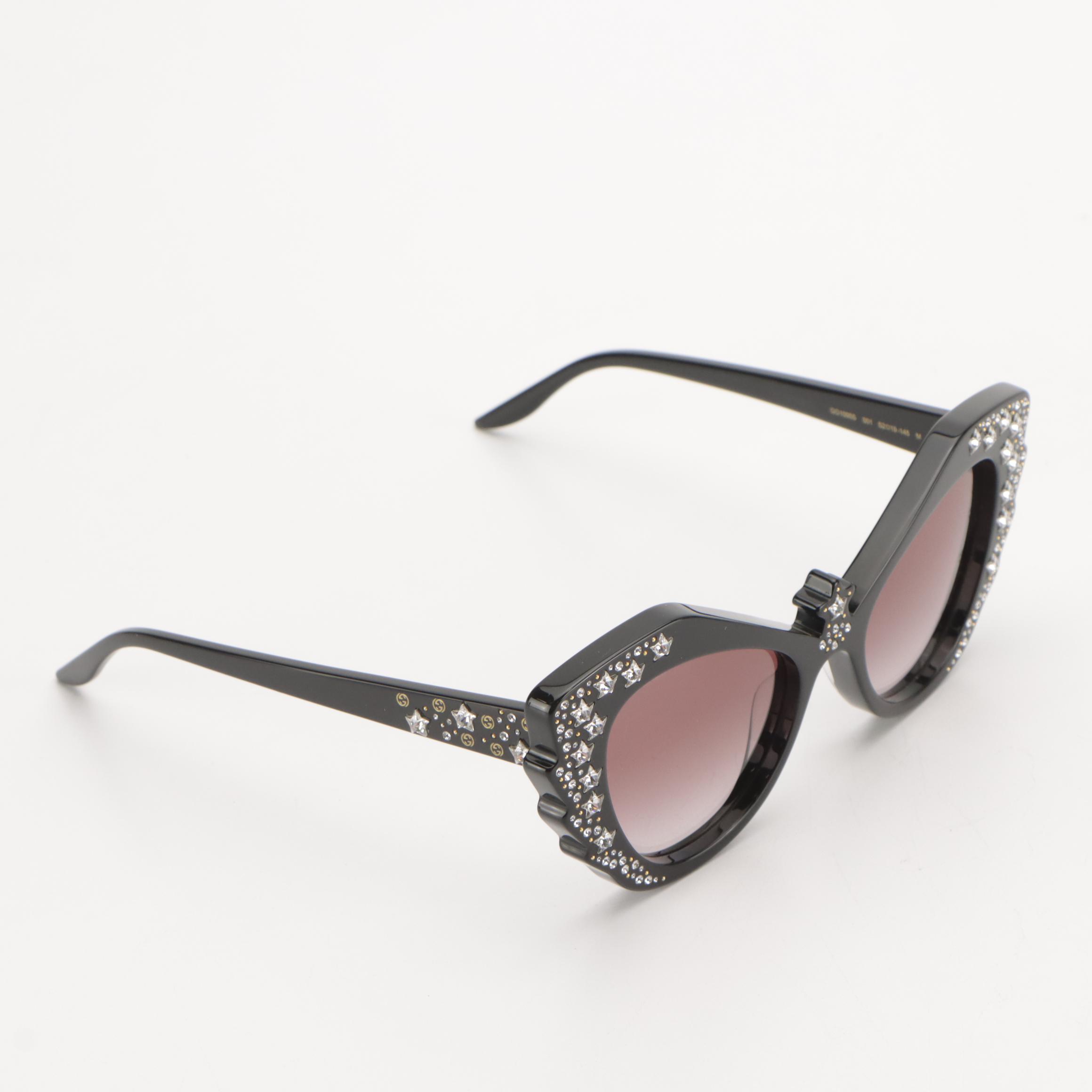 Gucci GG1095S 001 Hollywood Forever Star Rhinestone Cat Eye Sunglasses in Case