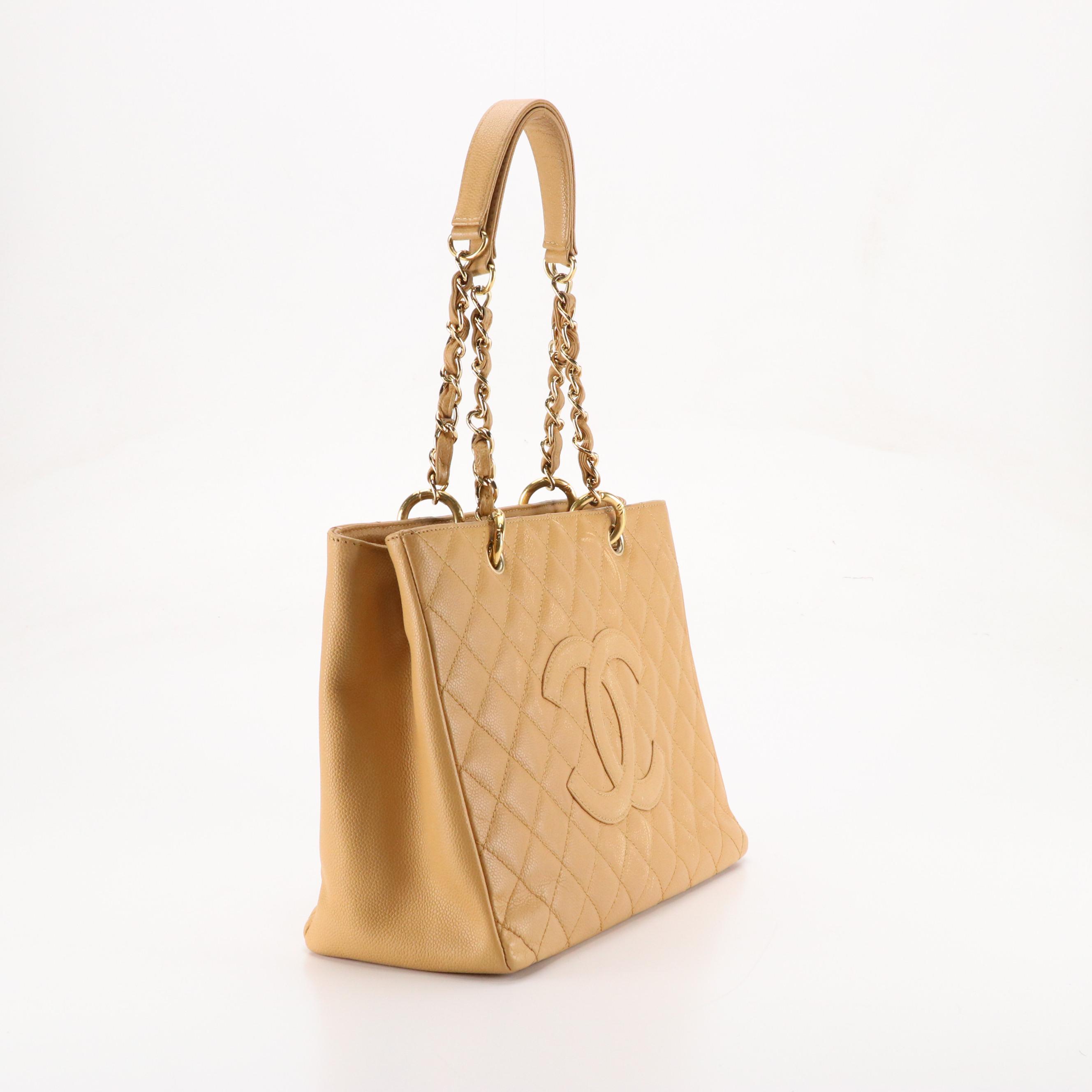 Chanel CC-Stitched Chain Strap Tote in Beige Quilted Caviar Leather