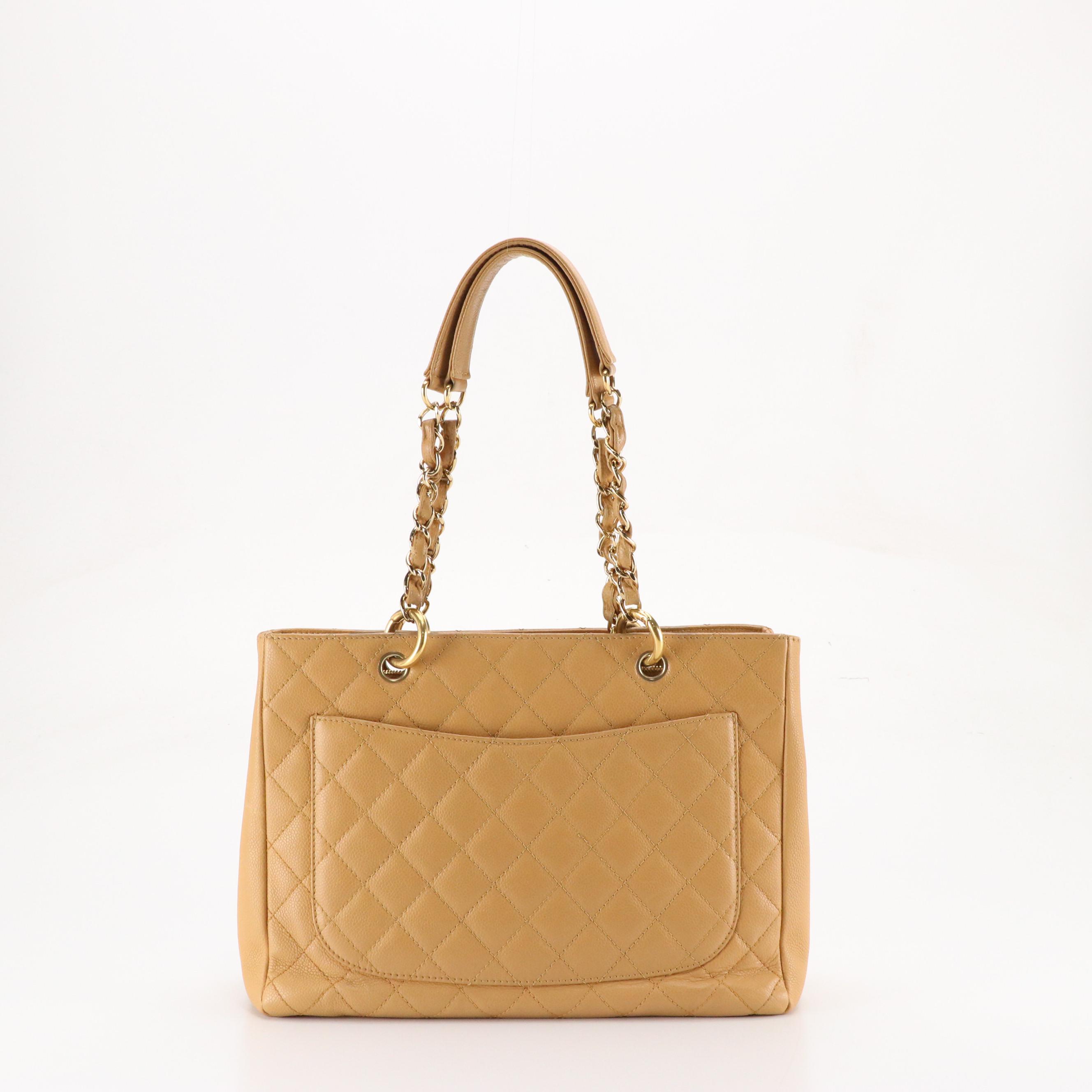 Chanel CC-Stitched Chain Strap Tote in Beige Quilted Caviar Leather