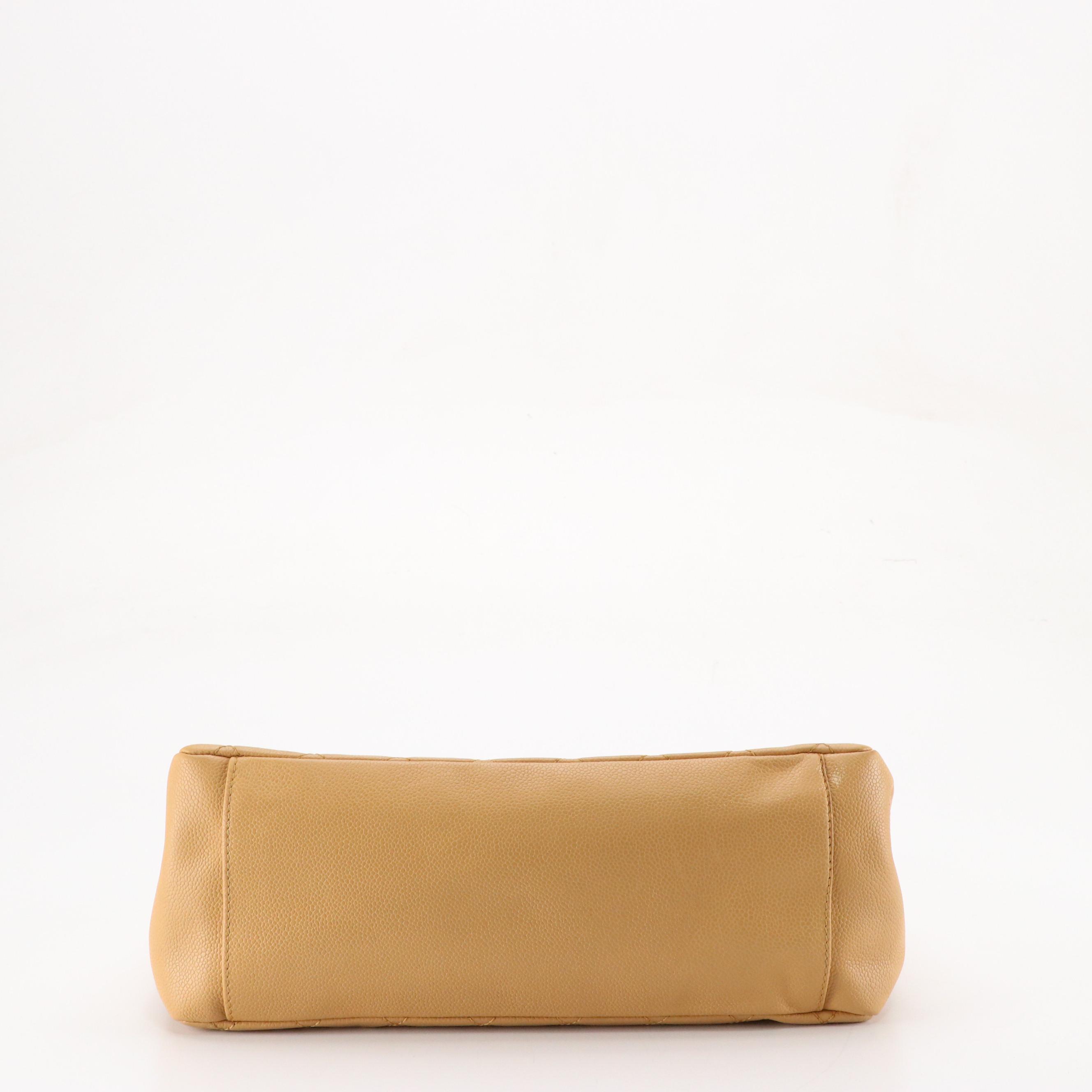 Chanel CC-Stitched Chain Strap Tote in Beige Quilted Caviar Leather