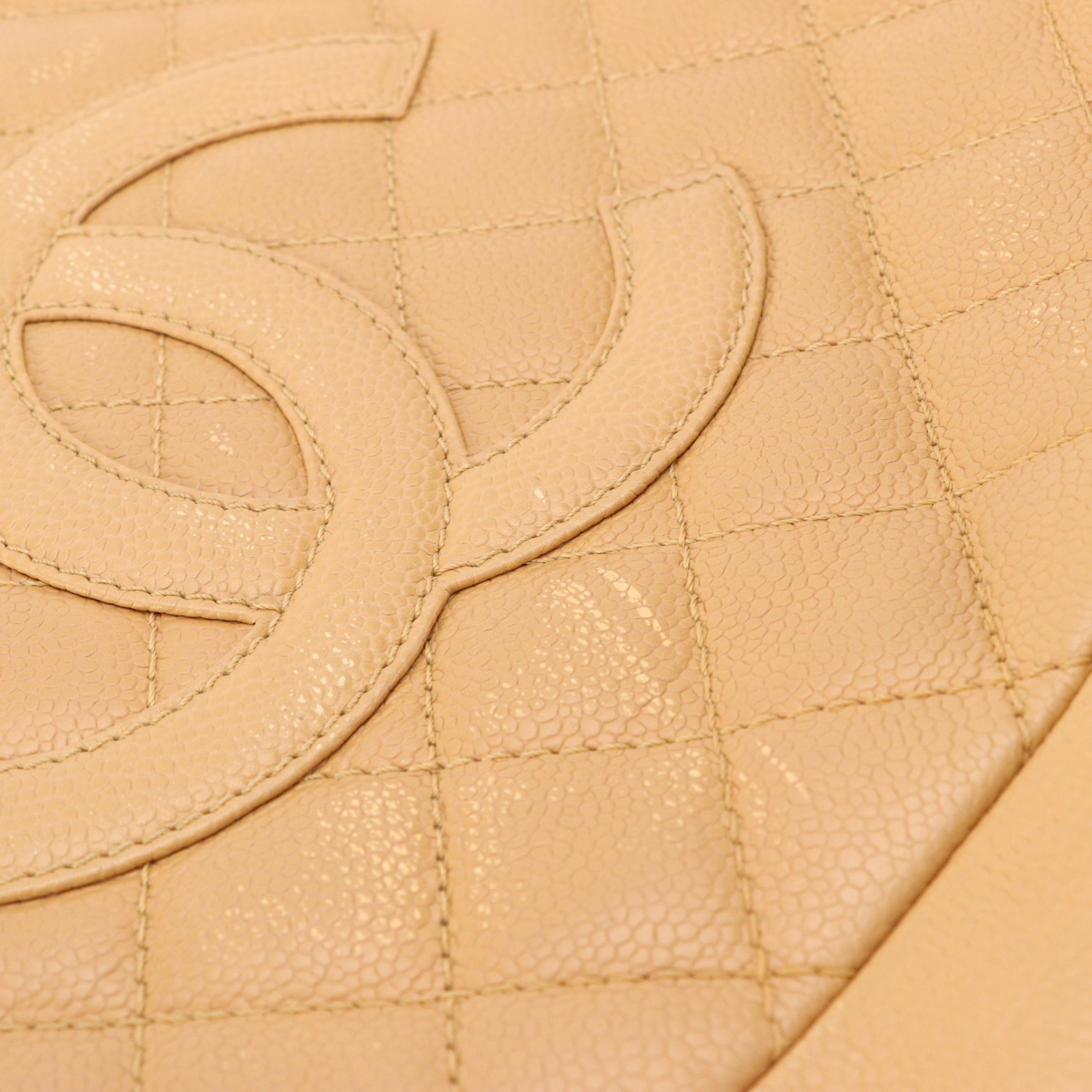 Chanel CC-Stitched Chain Strap Tote in Beige Quilted Caviar Leather