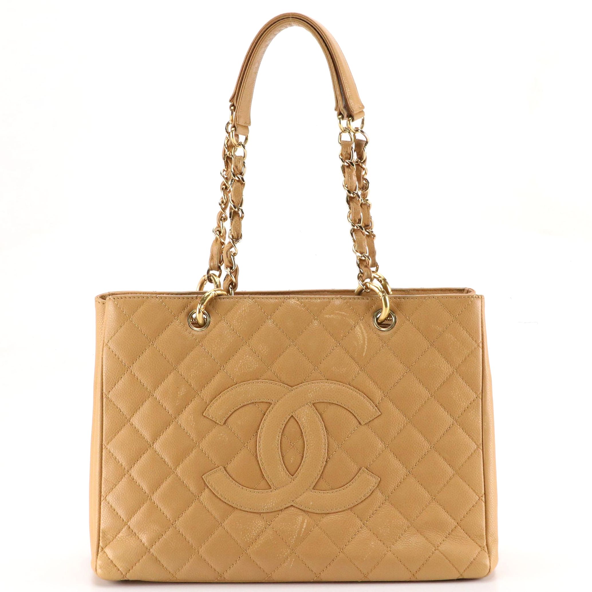 Chanel CC-Stitched Chain Strap Tote in Beige Quilted Caviar Leather