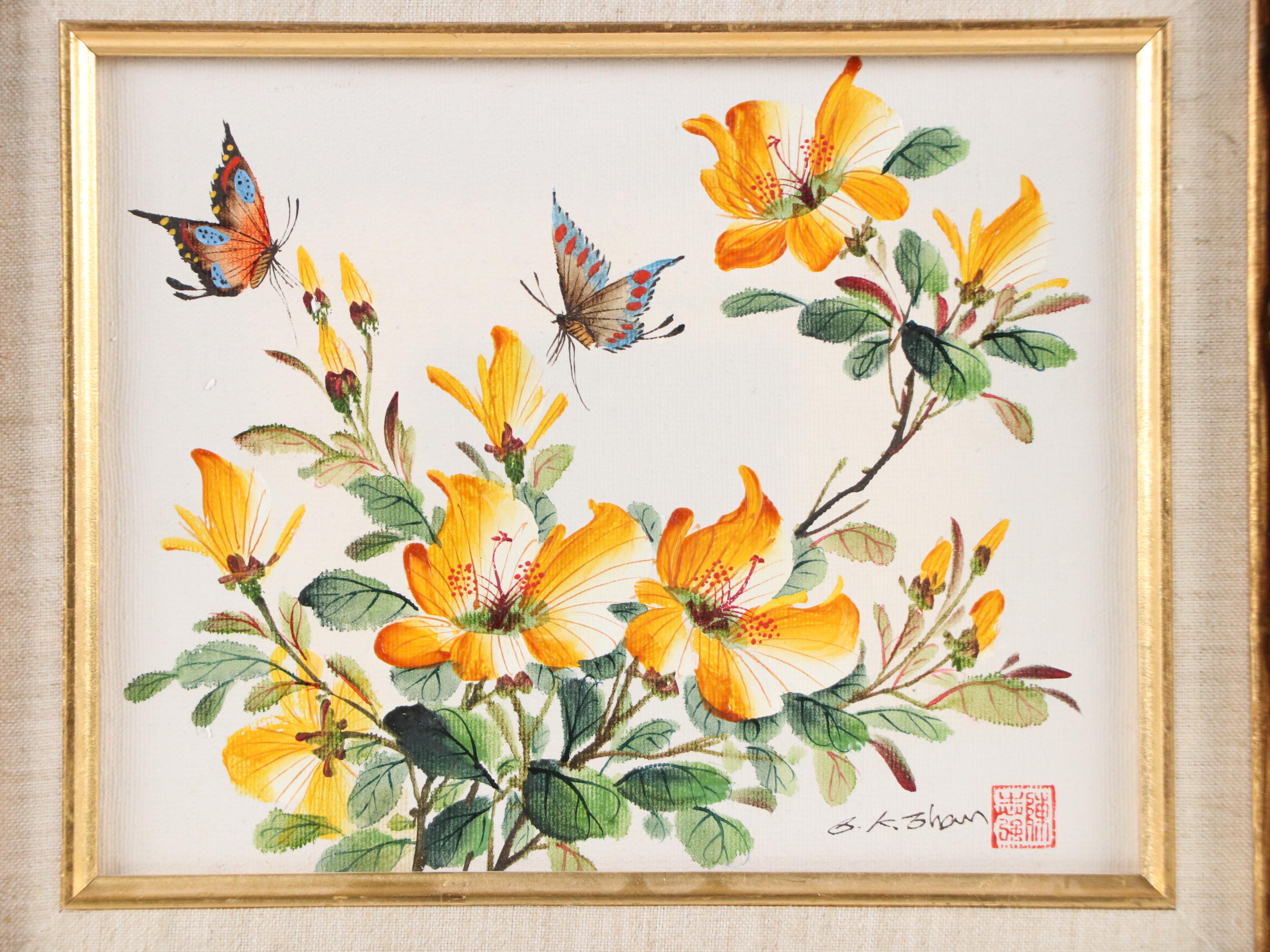 East Asian Floral Oil Painting, Late 20th Century