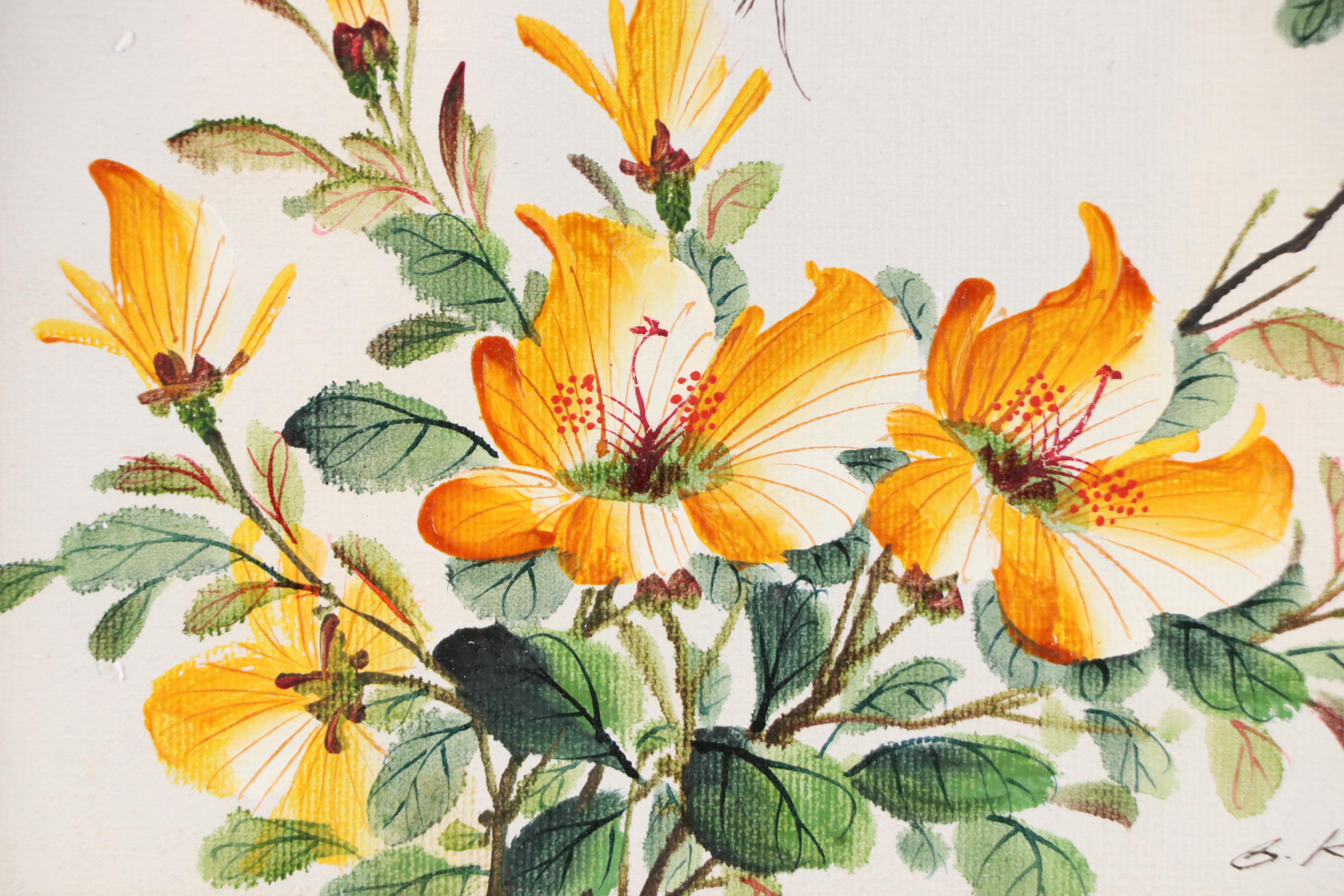 East Asian Floral Oil Painting, Late 20th Century