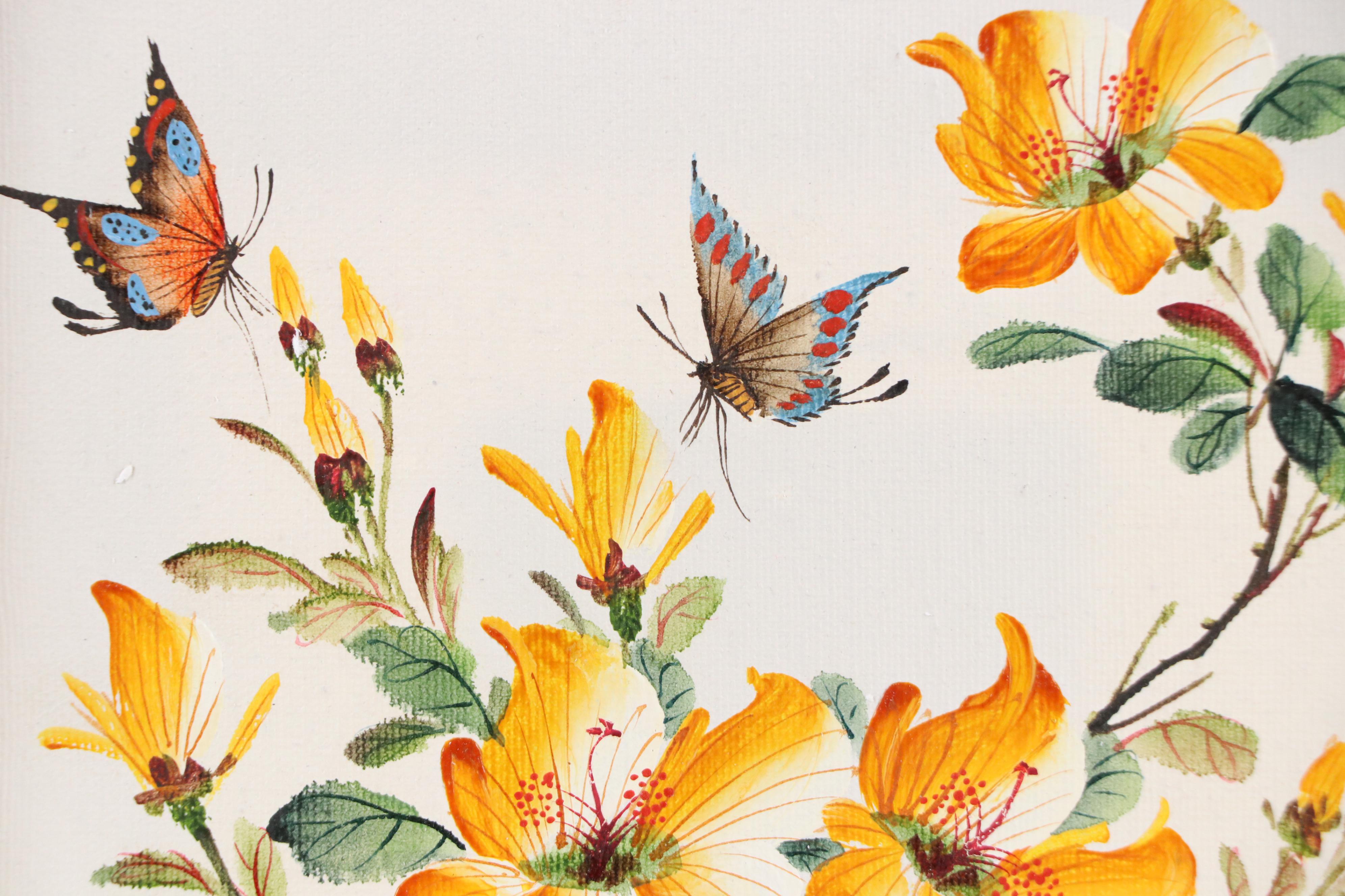 East Asian Floral Oil Painting, Late 20th Century