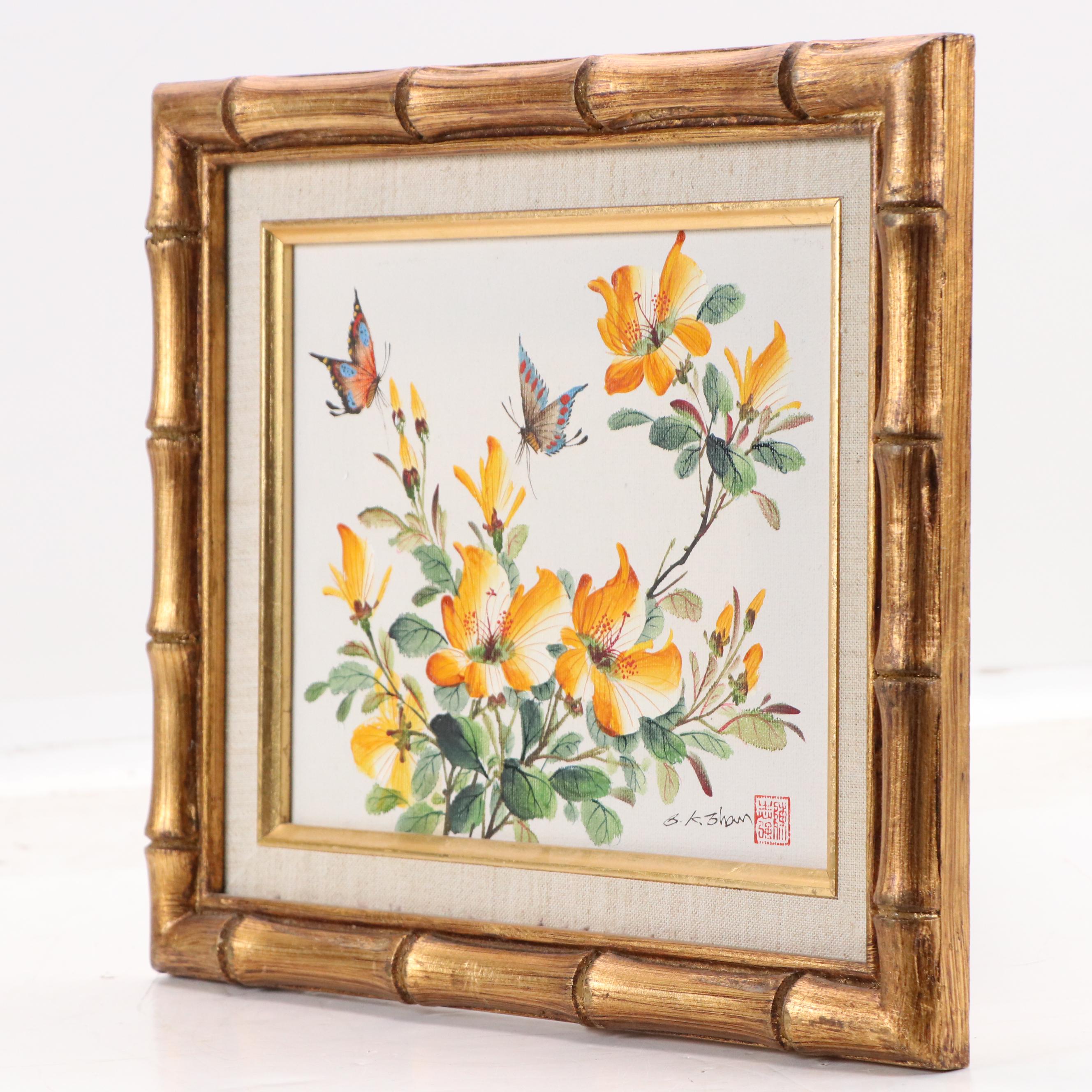 East Asian Floral Oil Painting, Late 20th Century