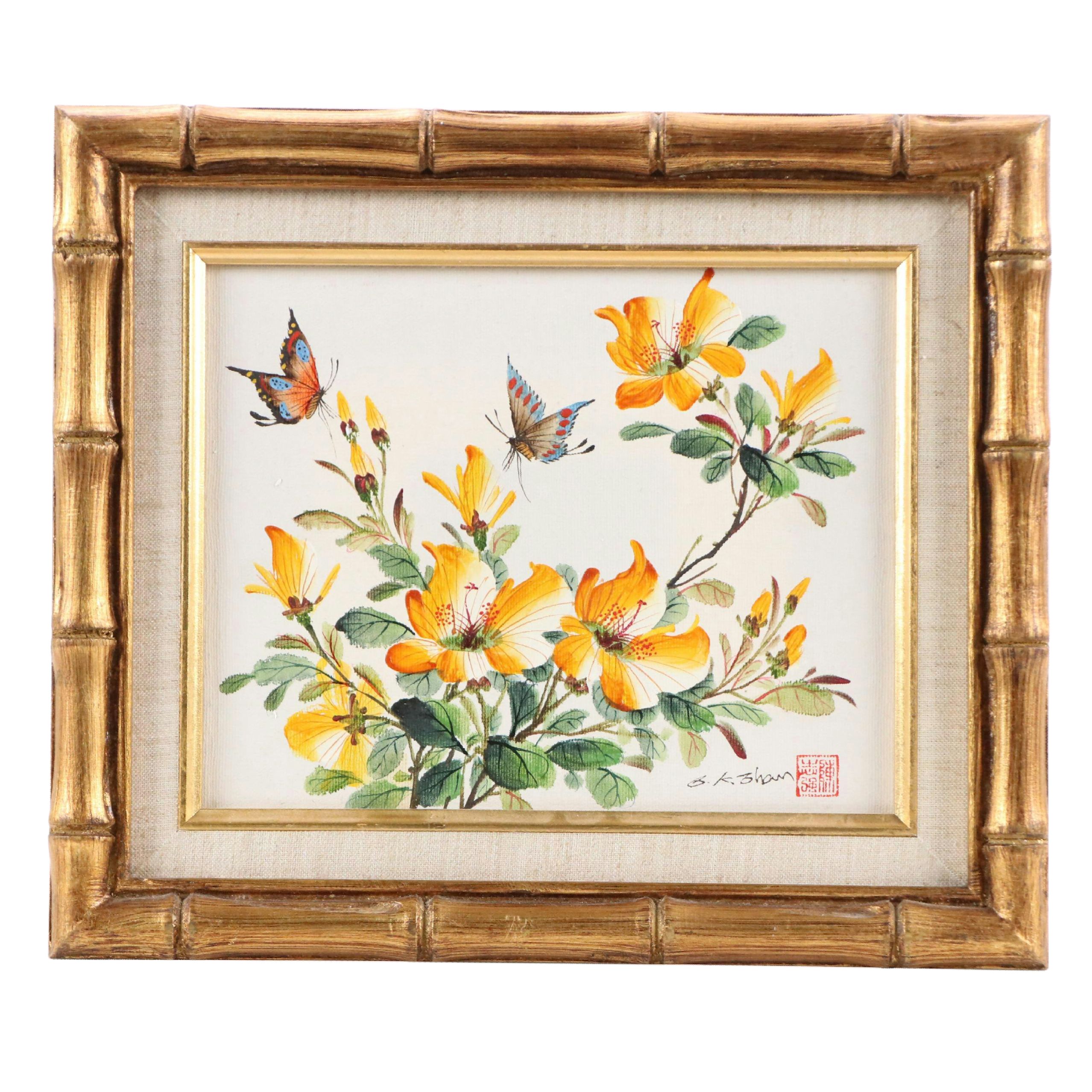 East Asian Floral Oil Painting, Late 20th Century