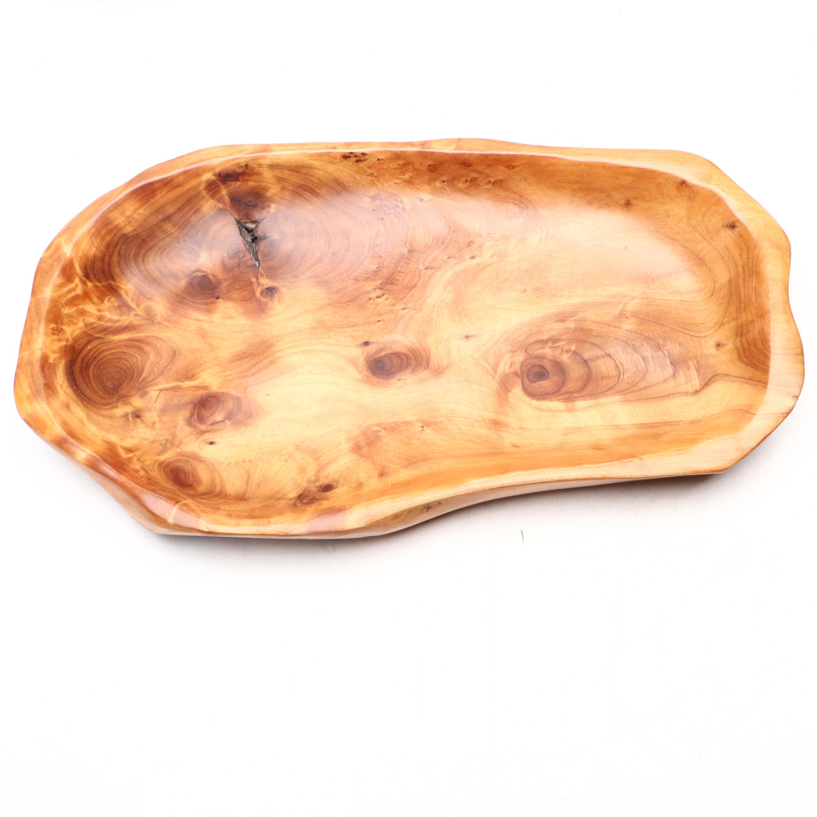 Burl Wood Free-Form Centerpiece Tray with Other Handcrafted Wooden Trays