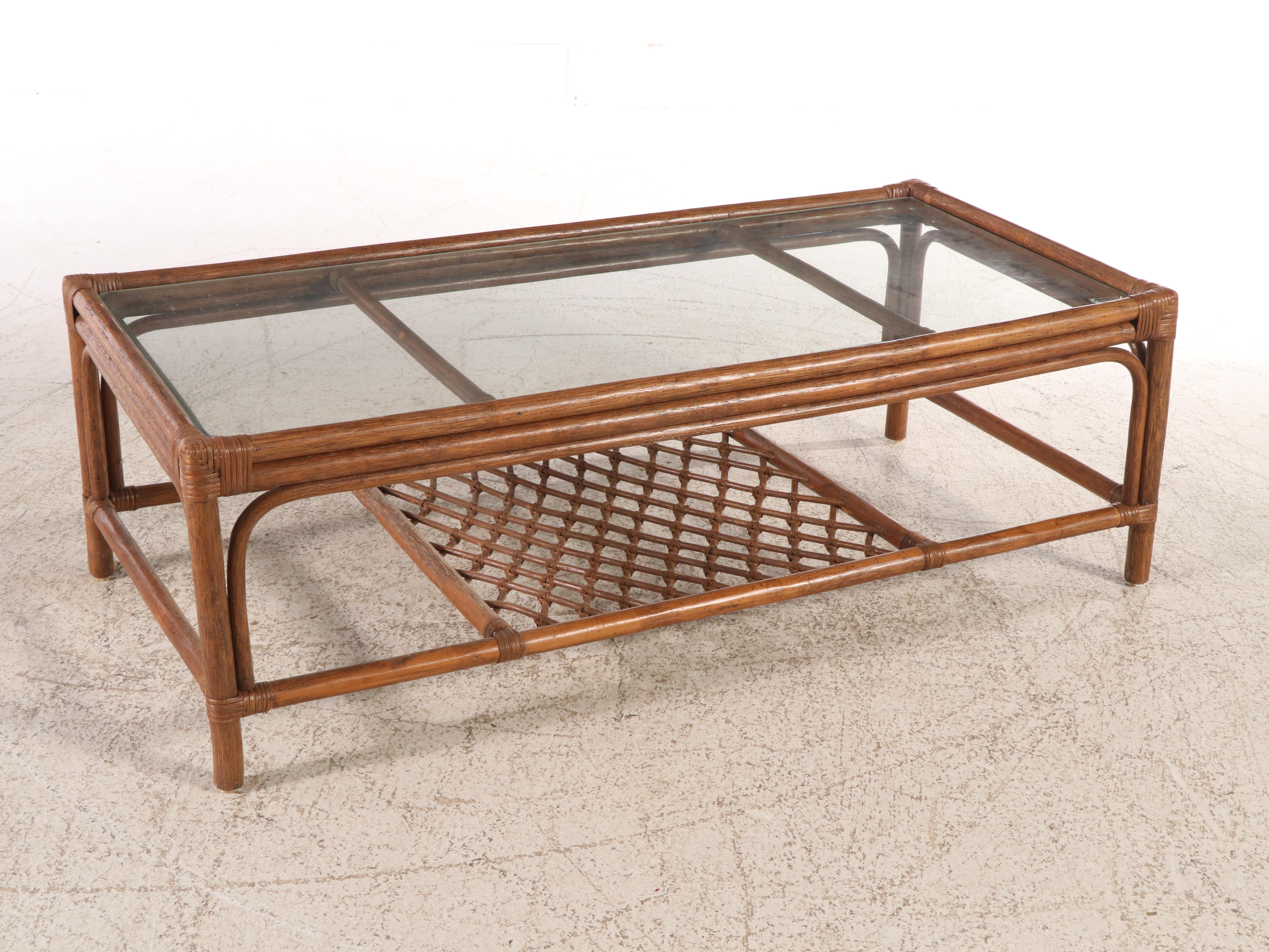 Rattan Chaise Lounge and Glass Top Coffee Table, Late 20th Century