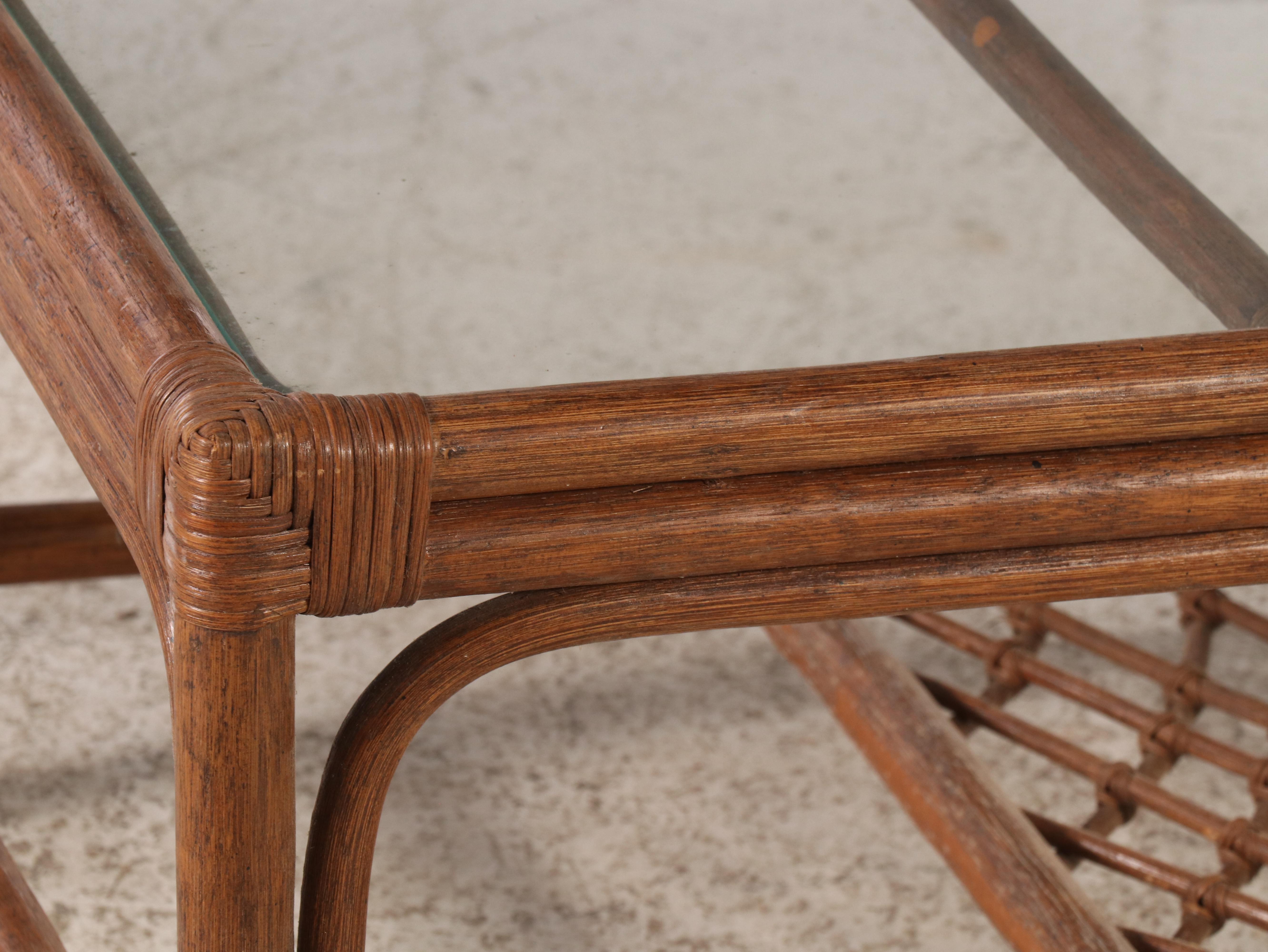 Rattan Chaise Lounge and Glass Top Coffee Table, Late 20th Century