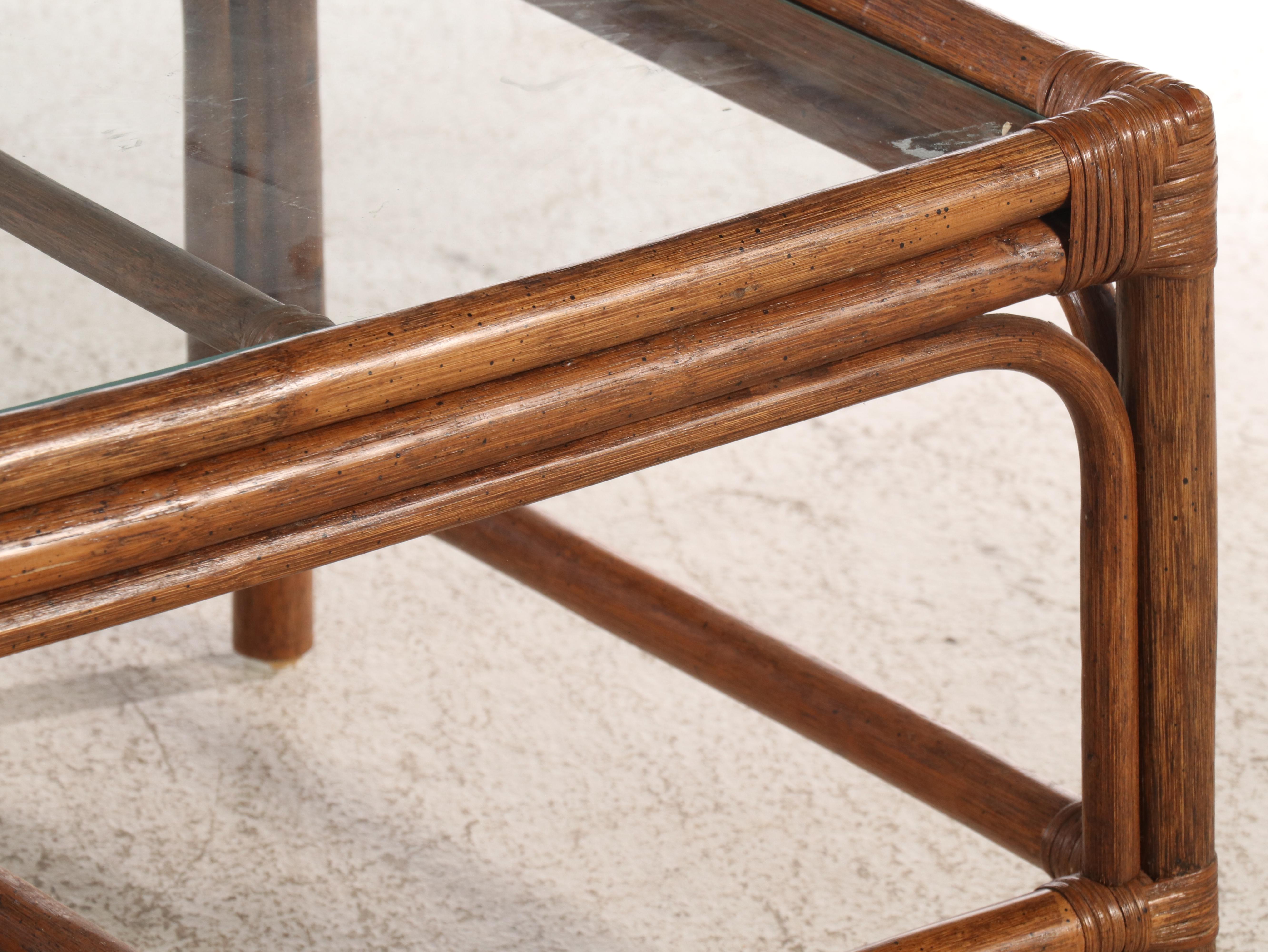 Rattan Chaise Lounge and Glass Top Coffee Table, Late 20th Century