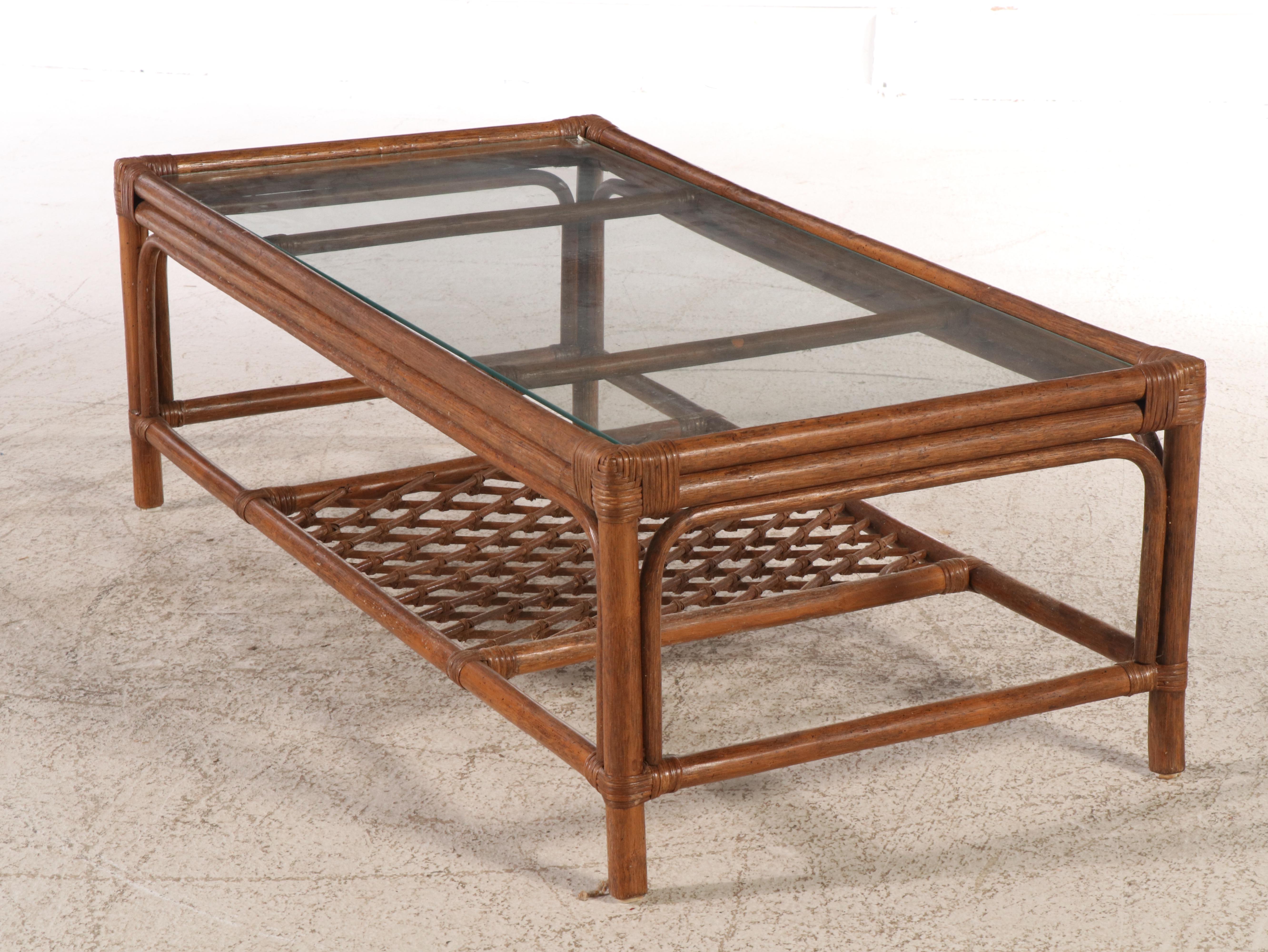 Rattan Chaise Lounge and Glass Top Coffee Table, Late 20th Century