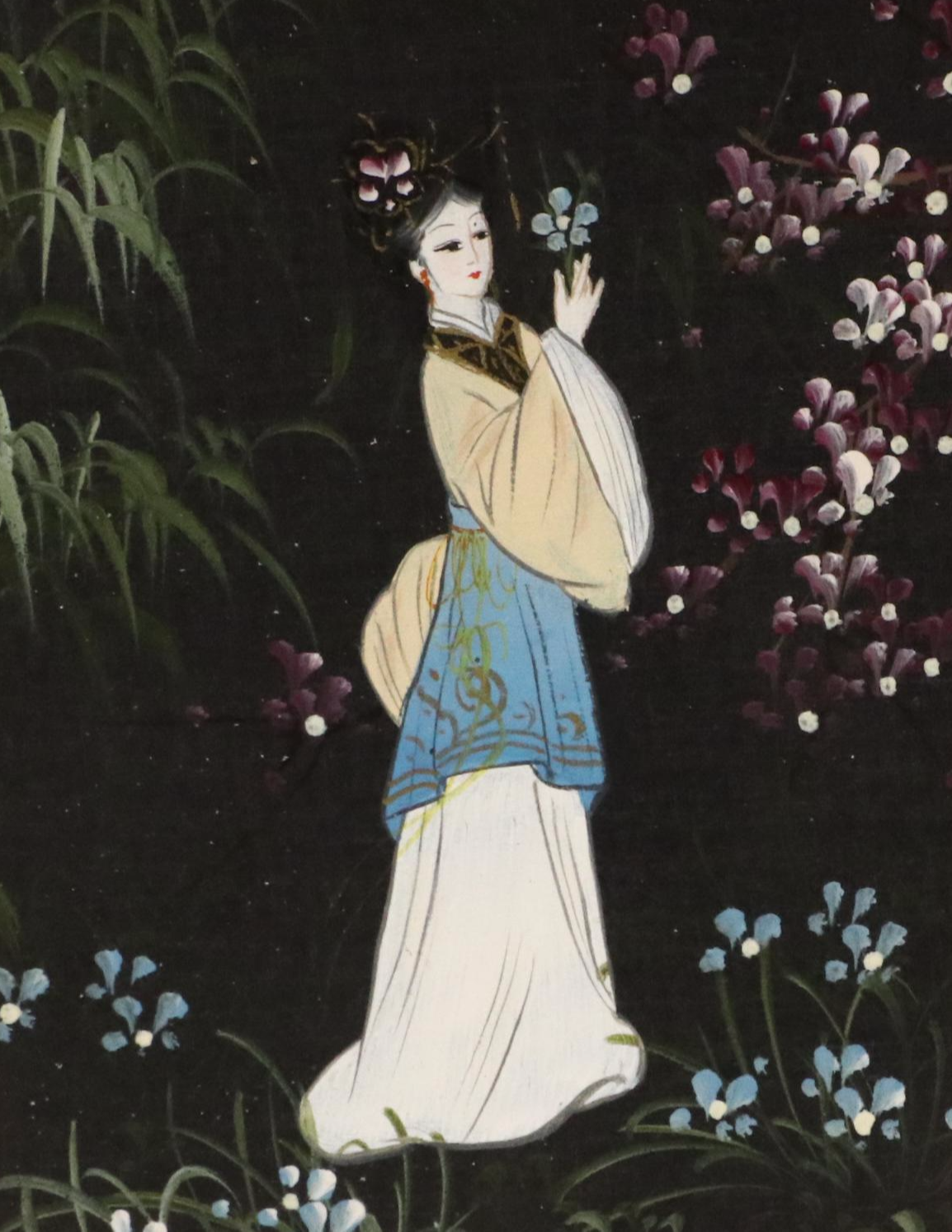 East Asian Acrylic Paintings of Women Wandering Amidst Flowers, 20th Century