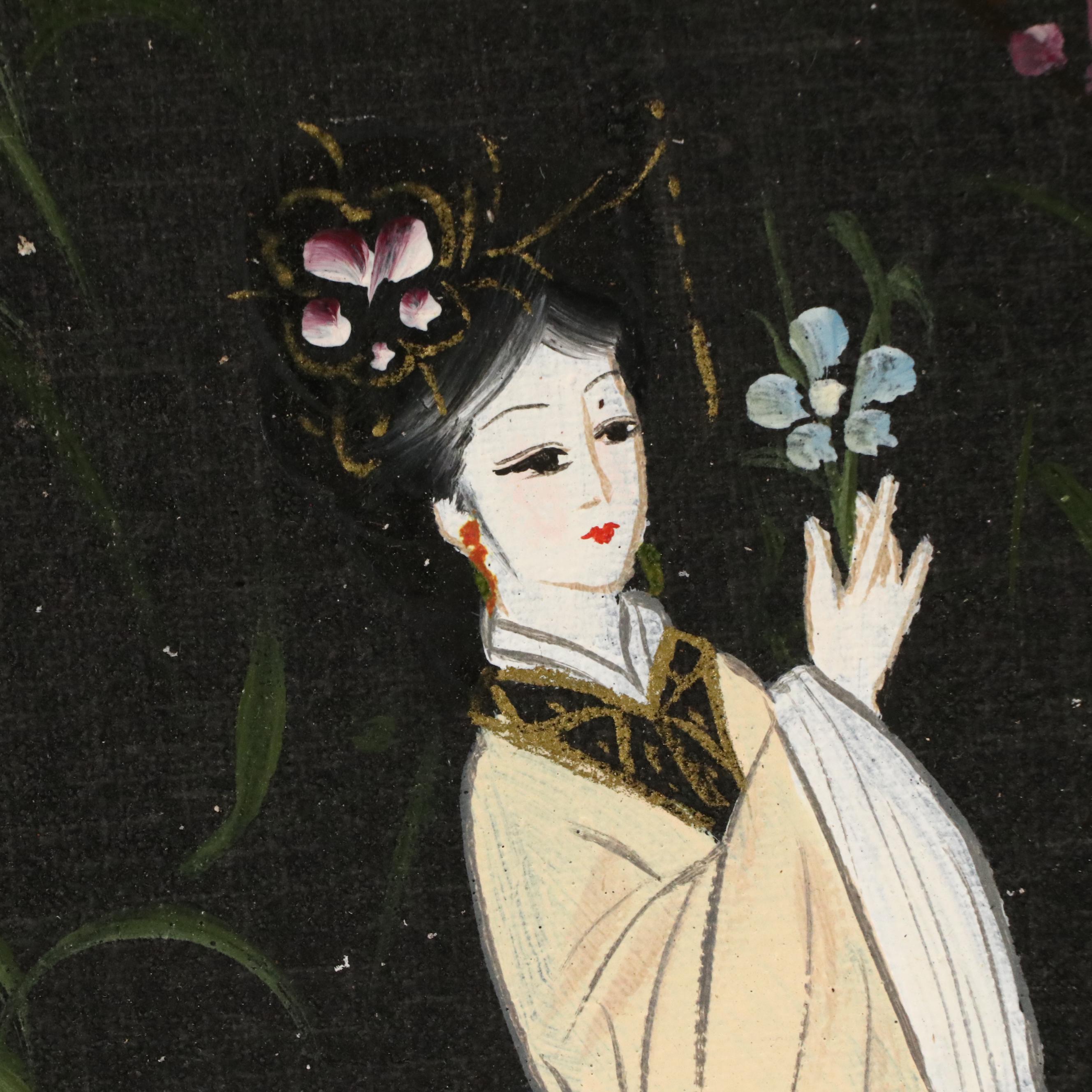East Asian Acrylic Paintings of Women Wandering Amidst Flowers, 20th Century