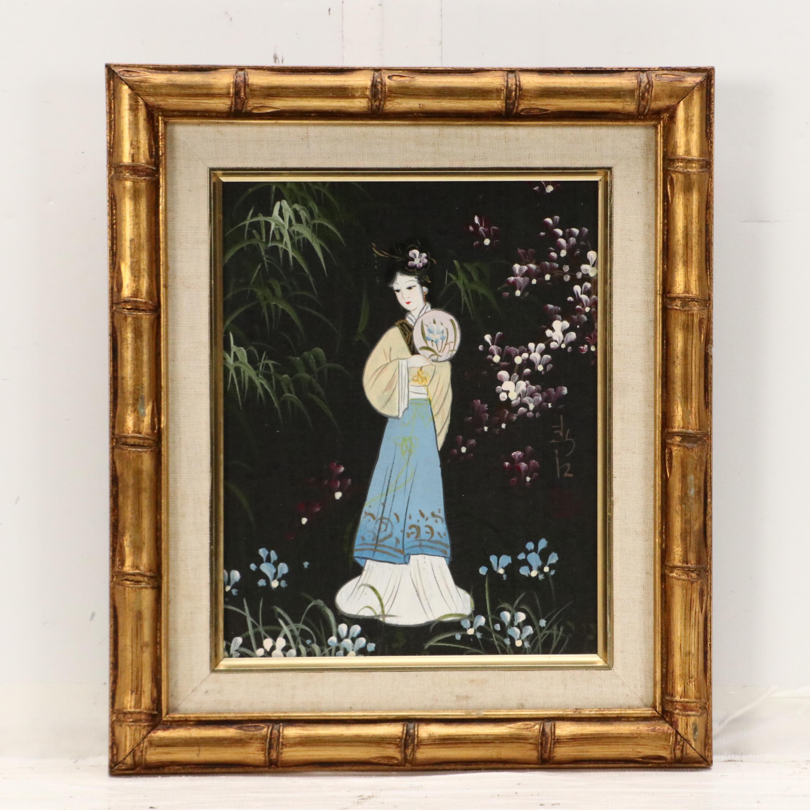 East Asian Acrylic Paintings of Women Wandering Amidst Flowers, 20th Century