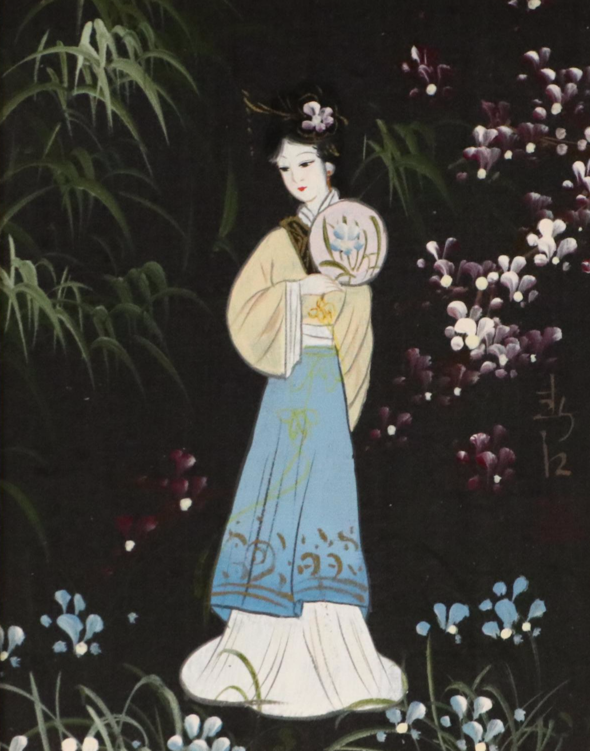East Asian Acrylic Paintings of Women Wandering Amidst Flowers, 20th Century