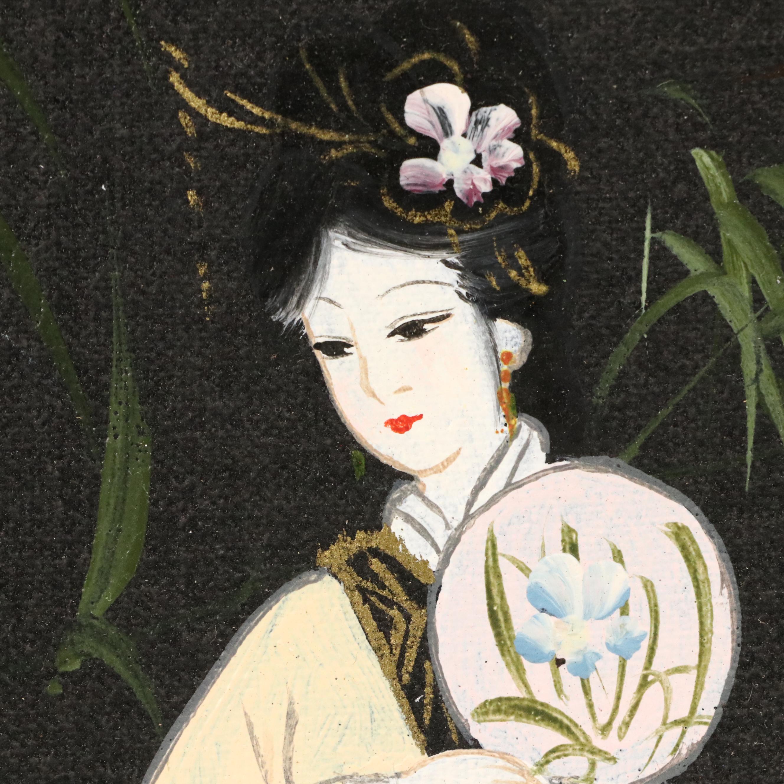 East Asian Acrylic Paintings of Women Wandering Amidst Flowers, 20th Century