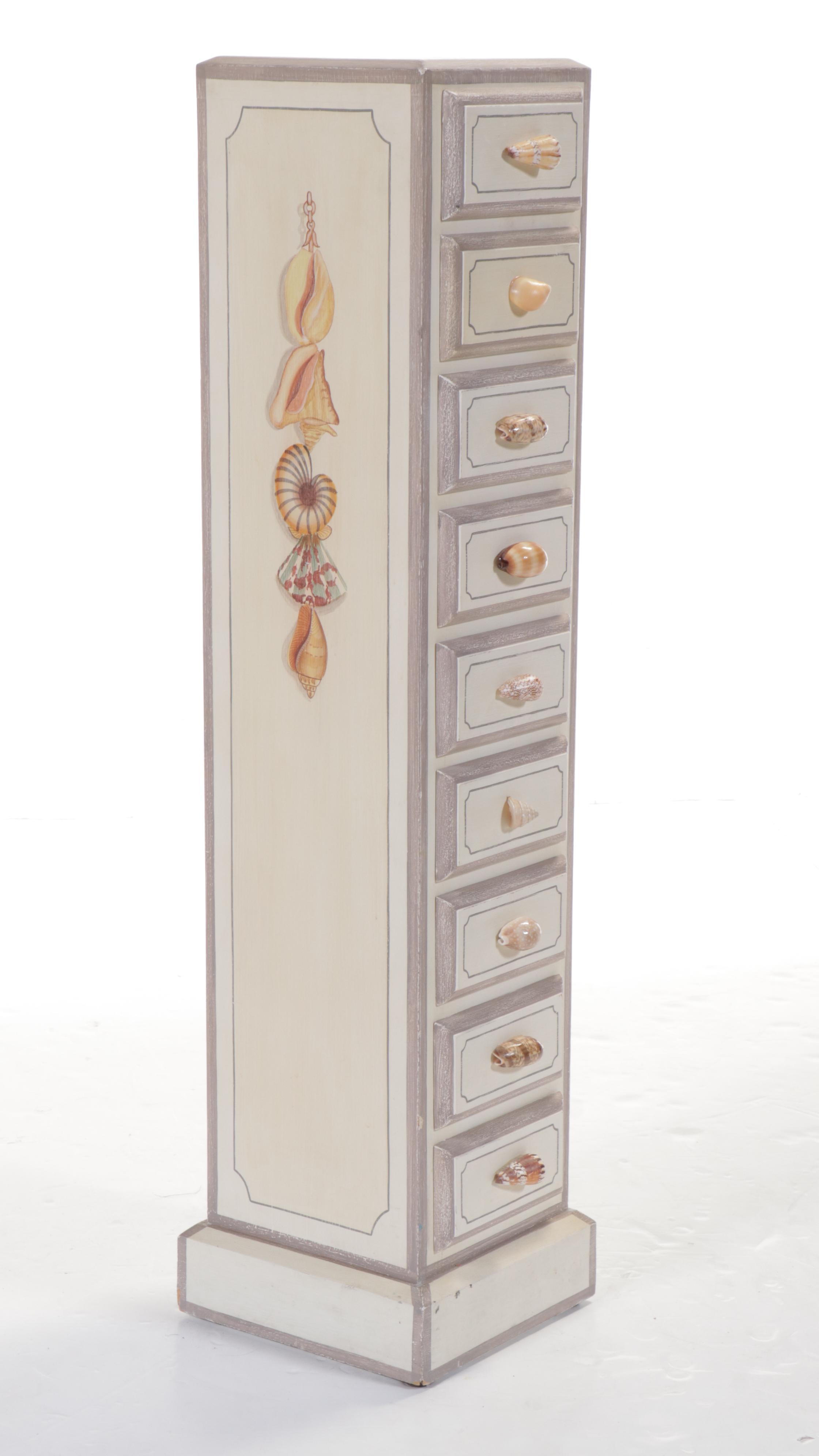 Maitland-Smith Seashell Handled and Painted Narrow Chest of Drawers