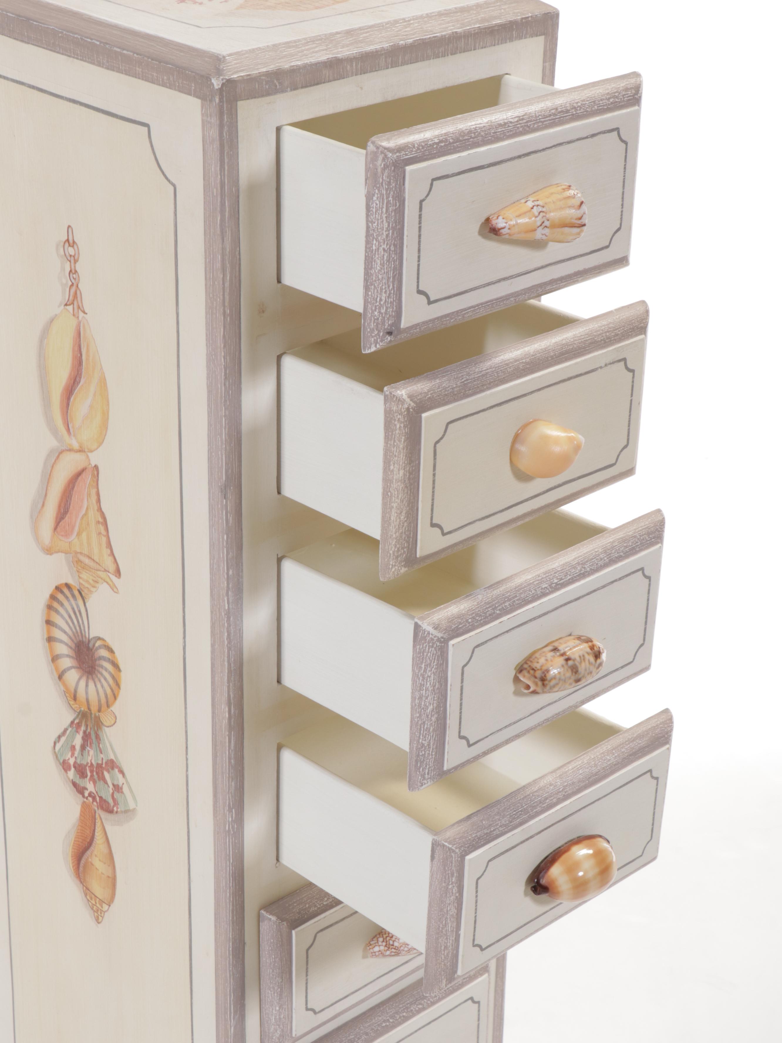 Maitland-Smith Seashell Handled and Painted Narrow Chest of Drawers