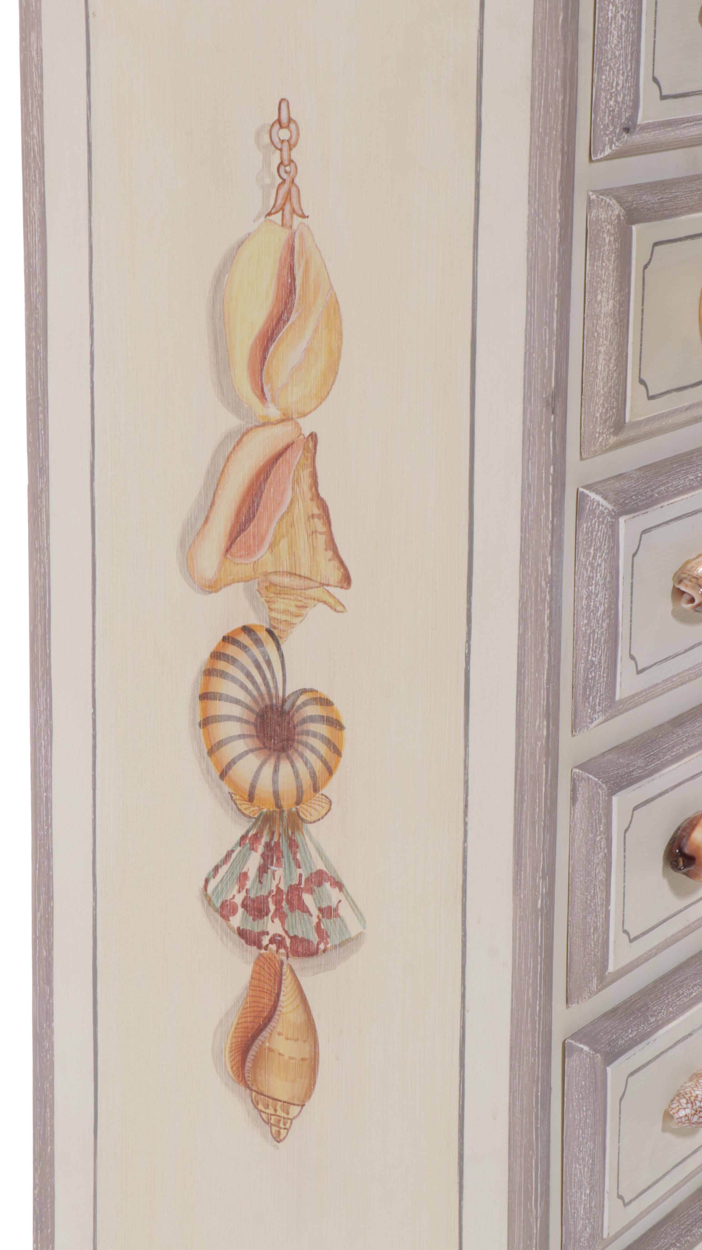 Maitland-Smith Seashell Handled and Painted Narrow Chest of Drawers