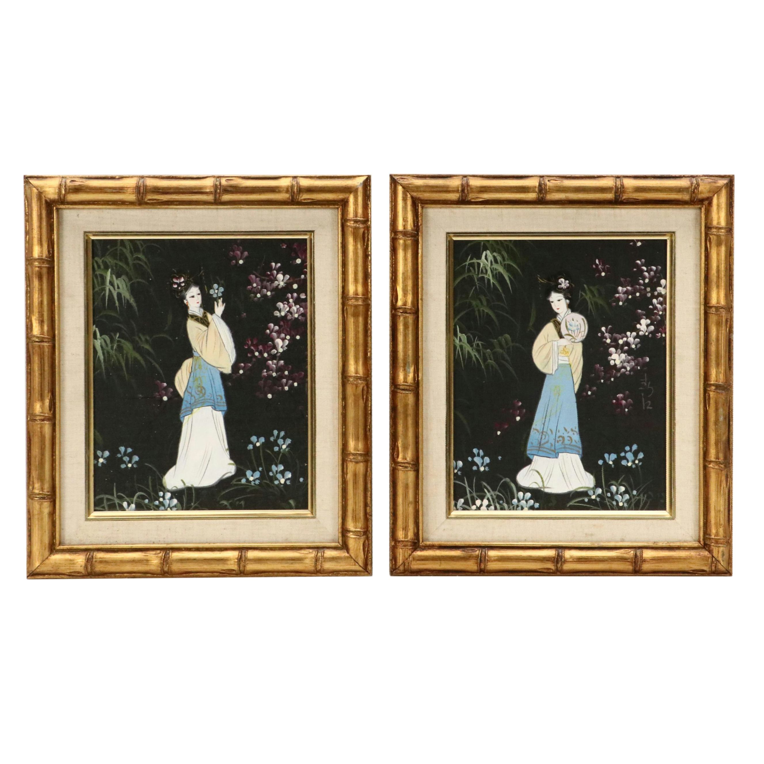 East Asian Acrylic Paintings of Women Wandering Amidst Flowers, 20th Century