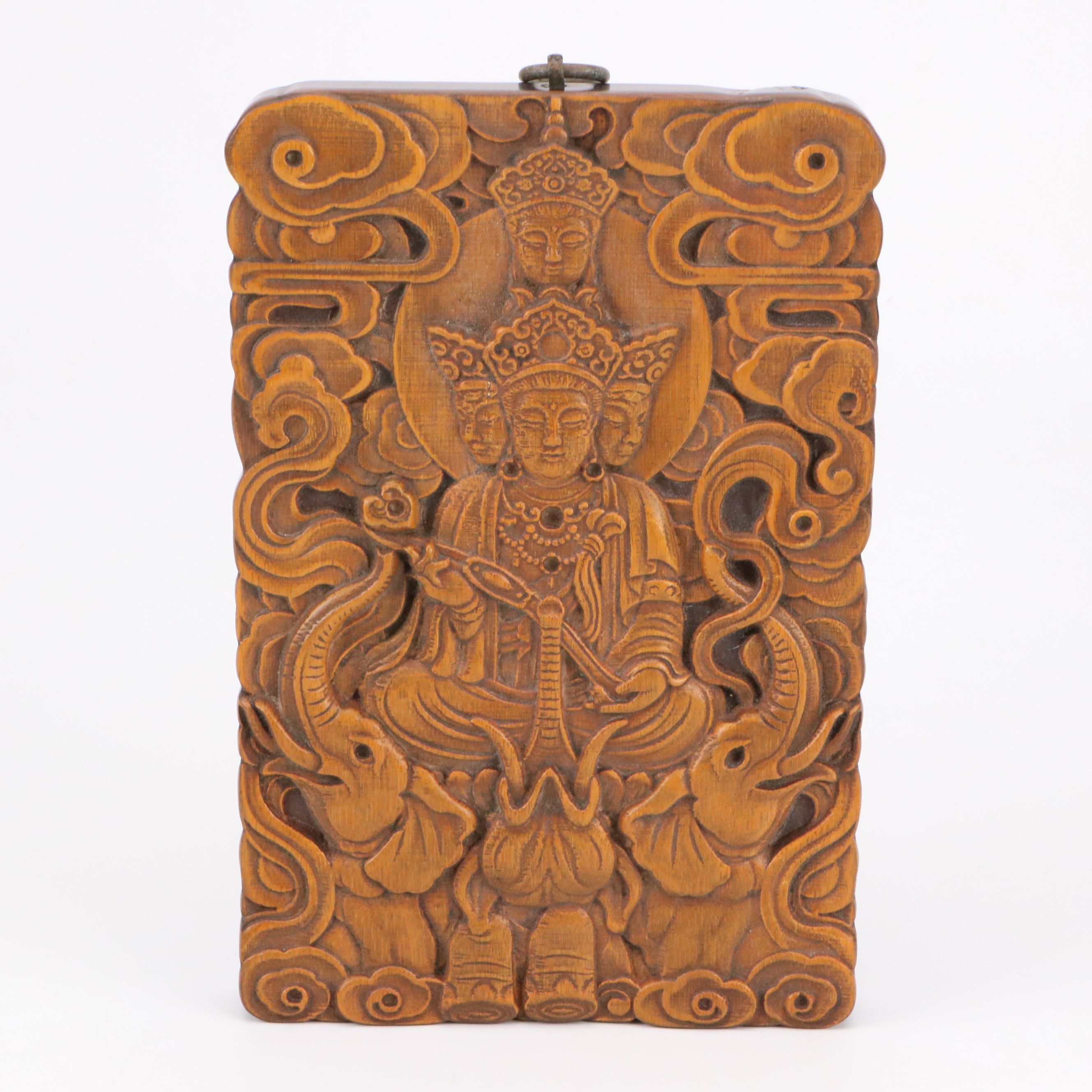 Chinese Carved Wood Ksitigarbha Bodhisattva and Buddha Wall Plaque