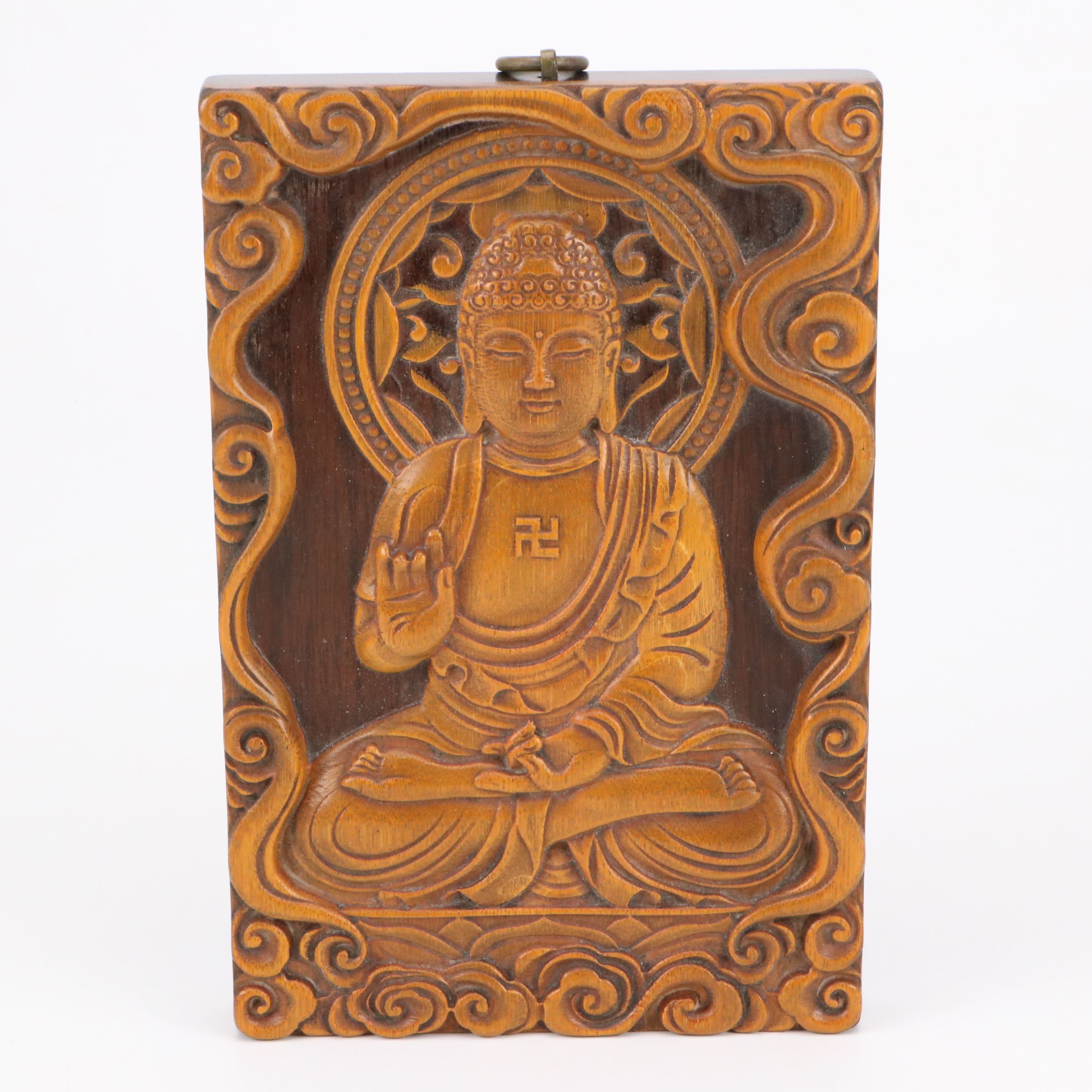 Chinese Carved Wood Ksitigarbha Bodhisattva and Buddha Wall Plaque