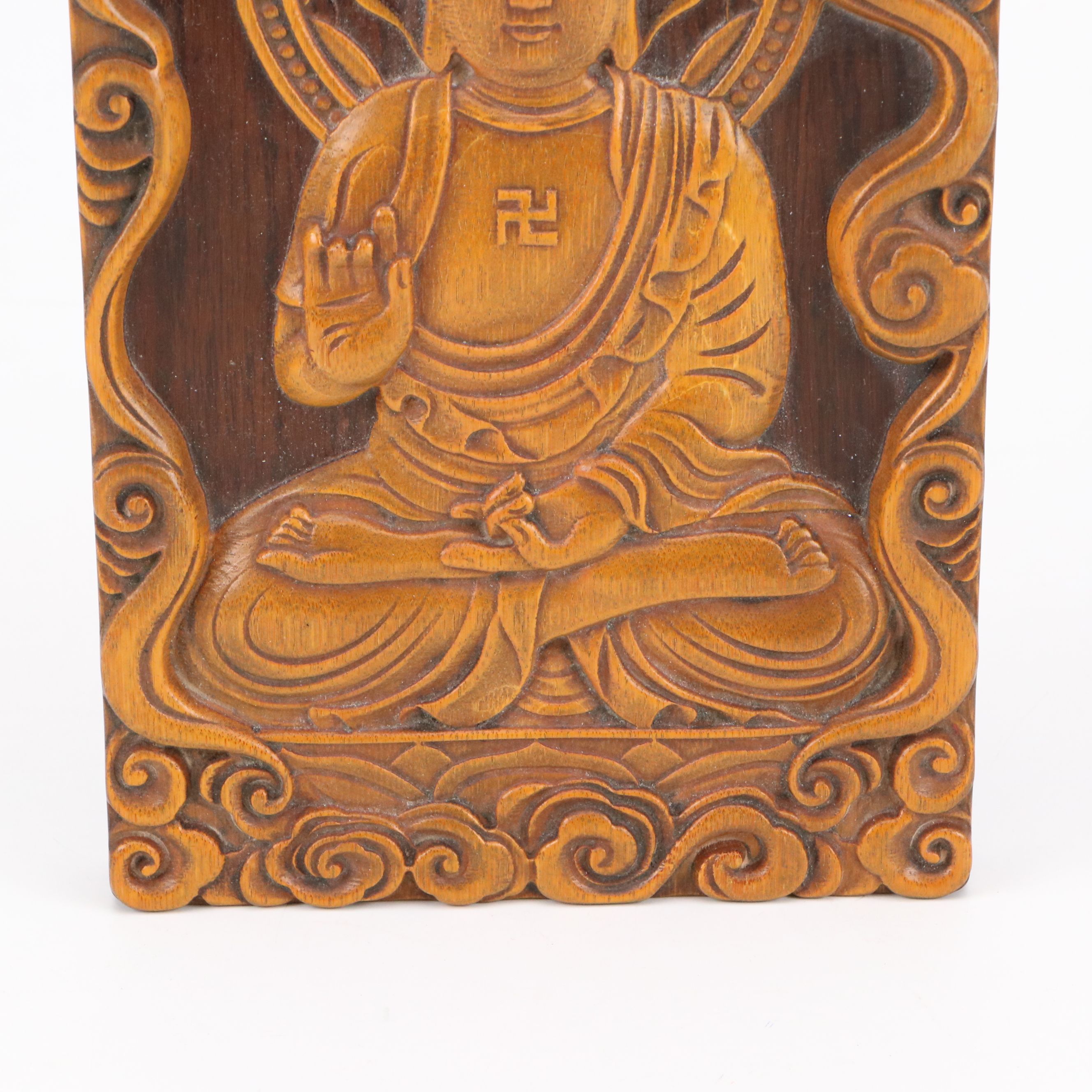 Chinese Carved Wood Ksitigarbha Bodhisattva and Buddha Wall Plaque