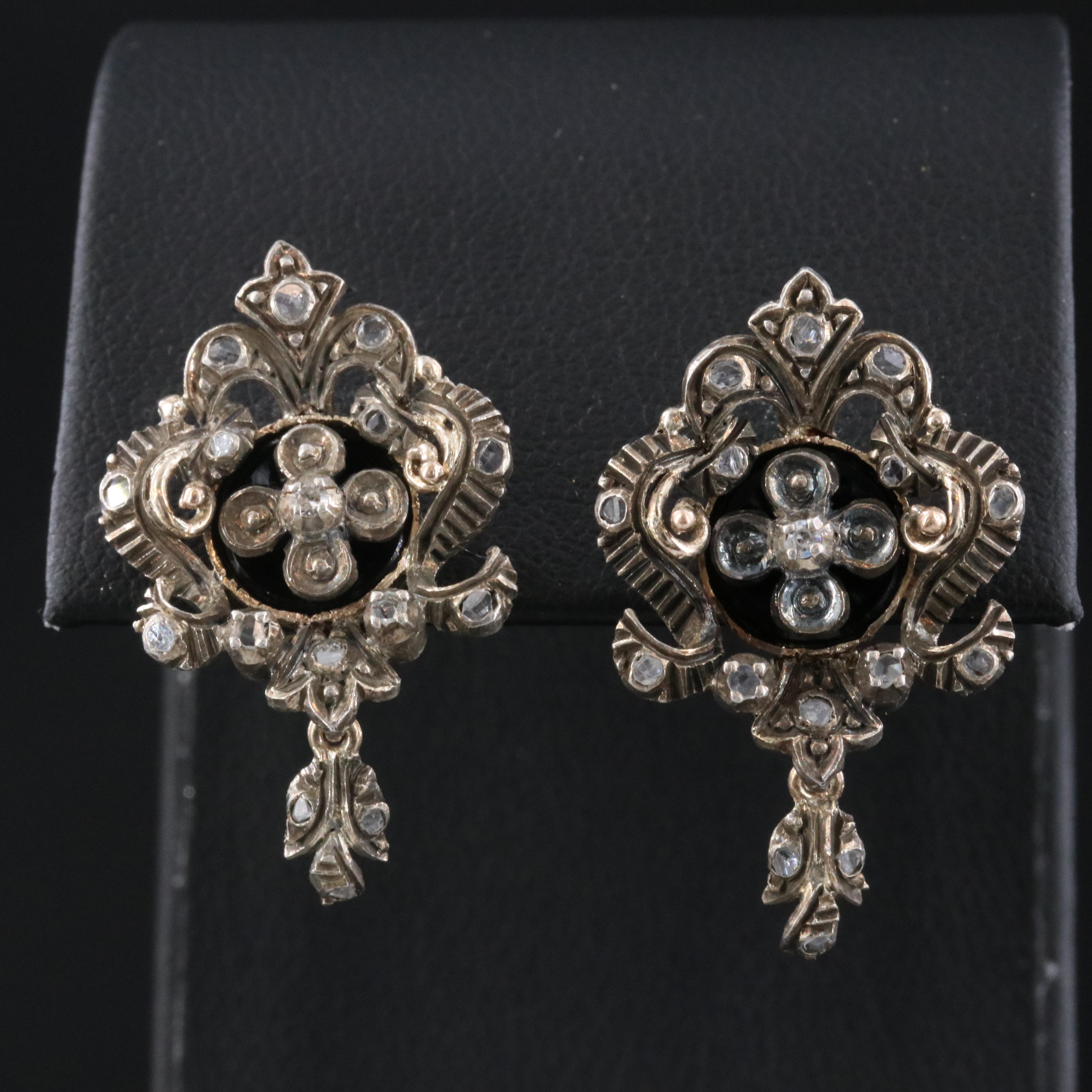 Portuguese Gilt Sterling and 19K Diamond Baroque Style Earrings