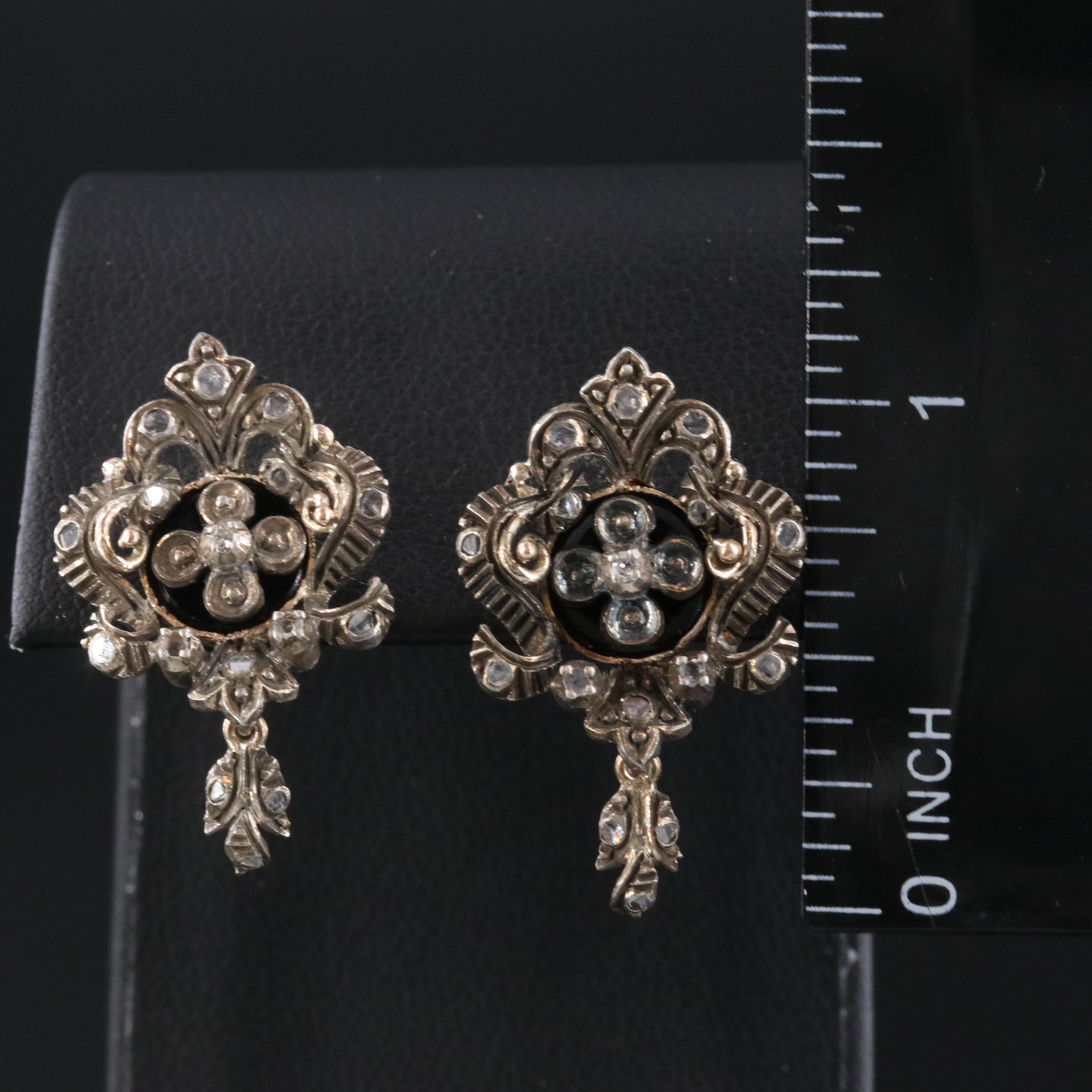 Portuguese Gilt Sterling and 19K Diamond Baroque Style Earrings