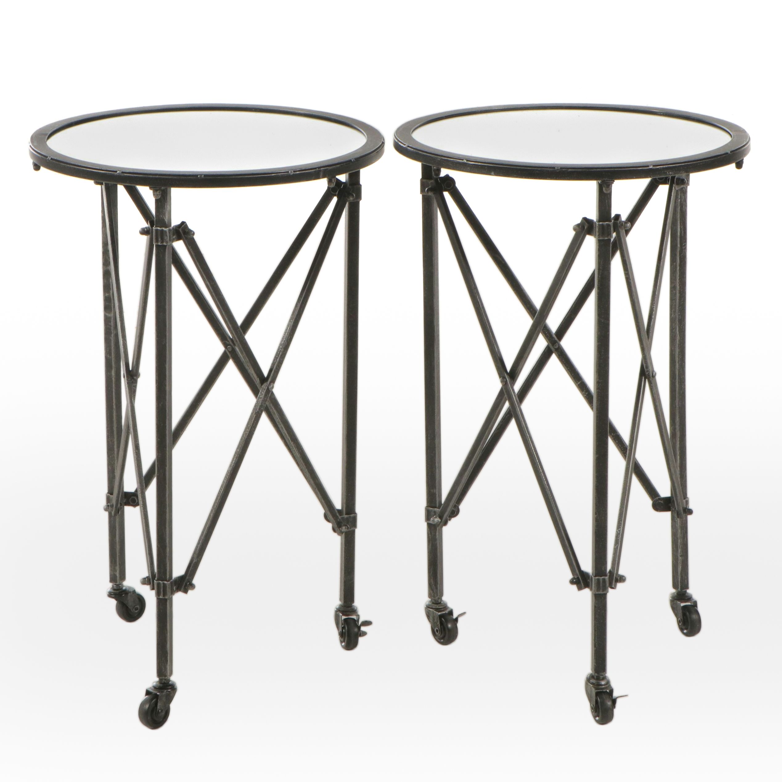 Pair of Mirrored Top Metal Rolling Butler's Tables