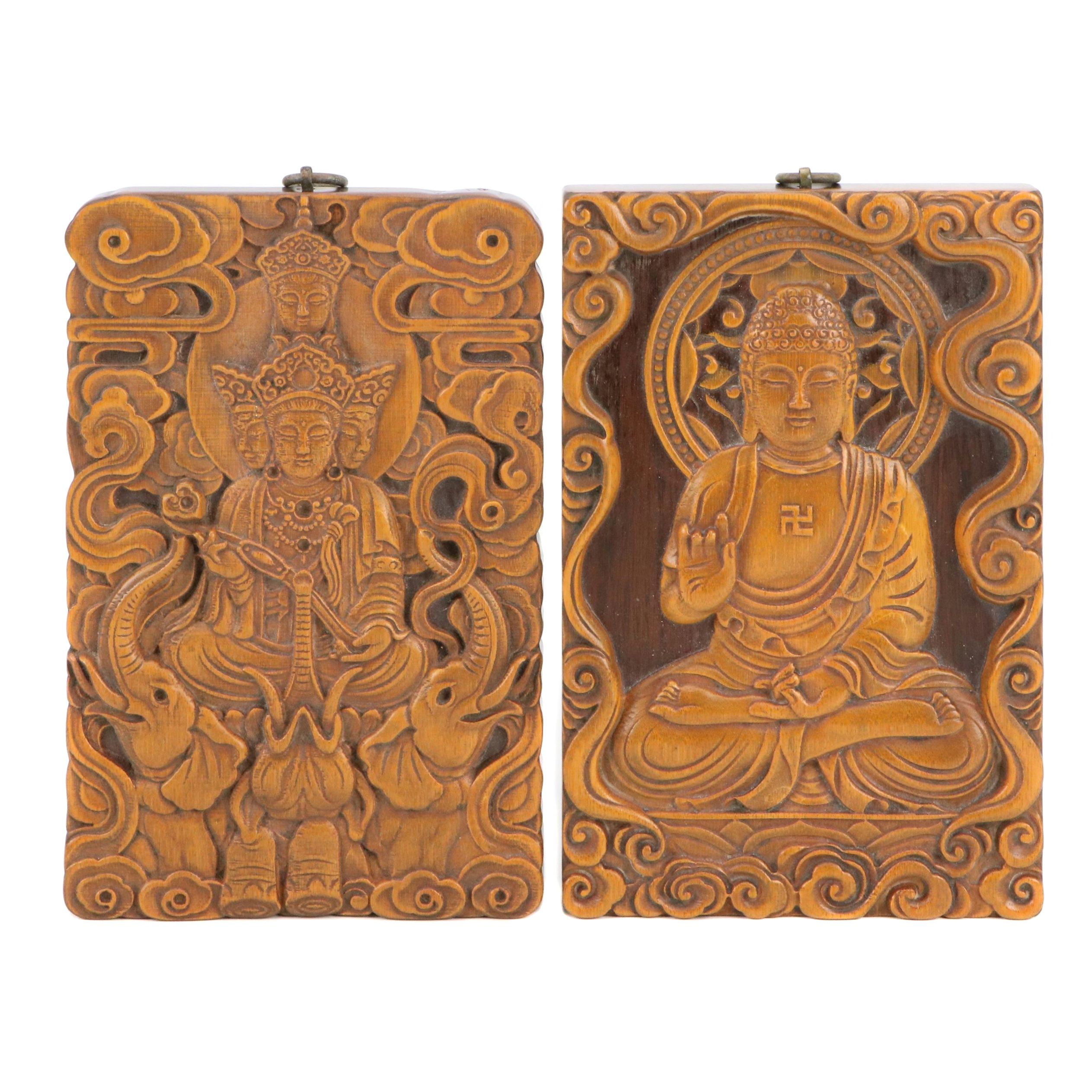 Chinese Carved Wood Ksitigarbha Bodhisattva and Buddha Wall Plaque