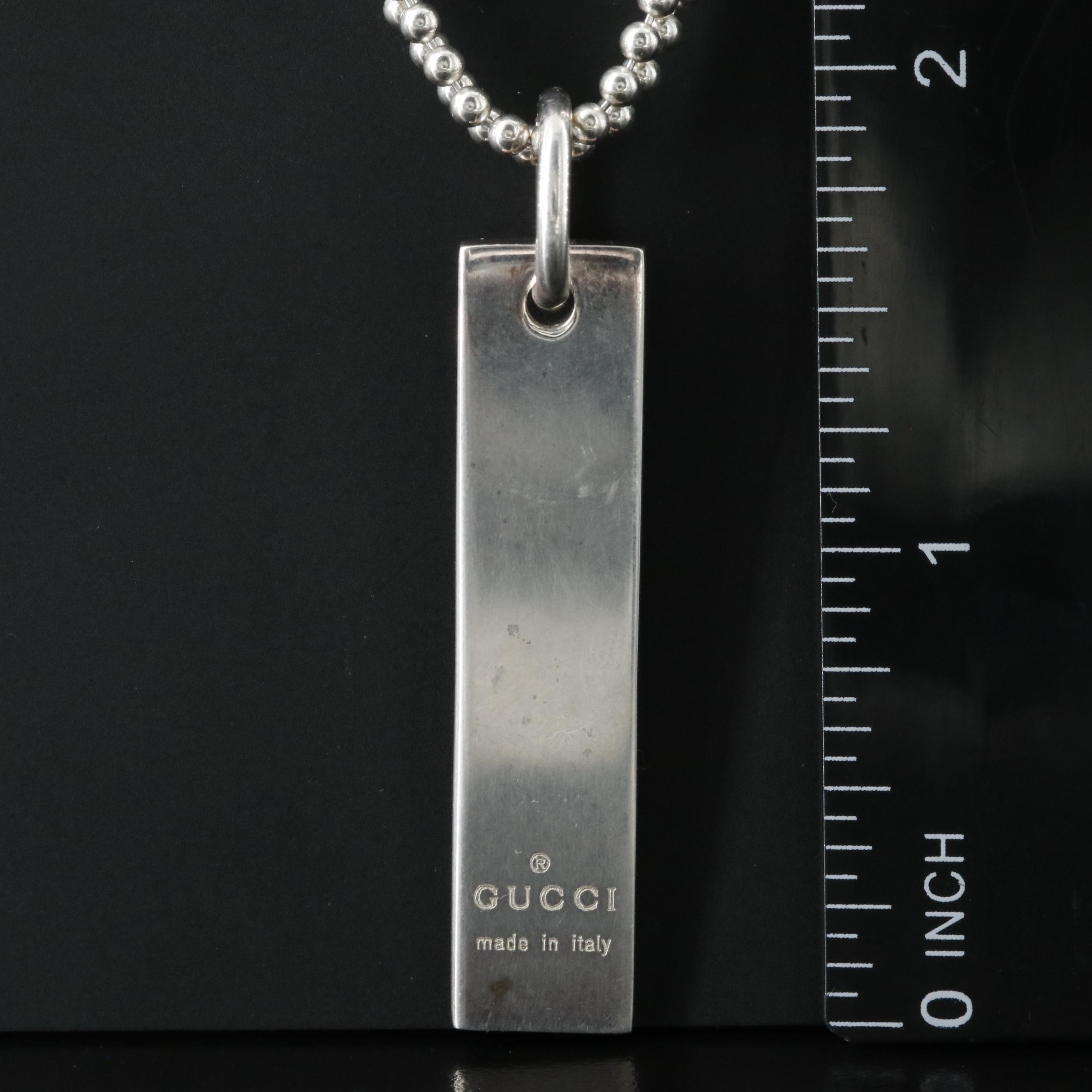Gucci Sterling Logo Plate Vertical Bar Pendant Necklace